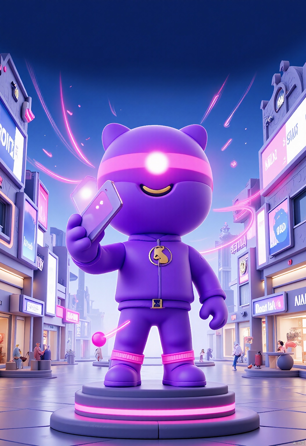 YYHB, A stunning 3D illustration of a lively, purple e-commerce avatar with a streamlined, geometric shape and glowing, pink eyes, holding a holographic smartphone in its right hand. The avatar perches on a sleek, glass pedestal, surrounded by swirling digital data streams. The backdrop is a futuristic digital mall, dominated by towering holographic displays and vibrant digital banners. The scene is cutting-edge and captivating, with a high-tech, digital aesthetic.