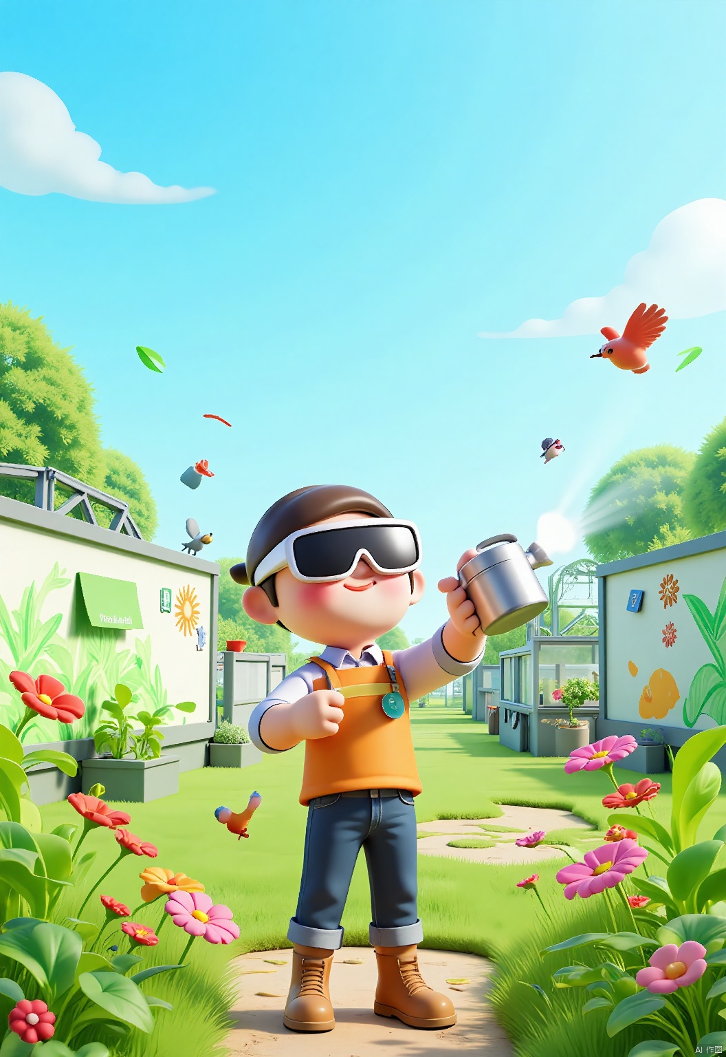 YYHB, A breathtaking 3D illustration of a gardener wearing smart glasses, tending to a virtual garden. He holds a holographic watering can, nurturing vibrant flowers. The garden is brightly lit by sunlight and filled with colorful plants and birds. The background includes a virtual greenhouse and a wall painted with a mural of lush greenery. The gardener is dressed in a casual, practical outfit and sturdy boots. The overall aesthetic is natural and serene, with a focus on nature and sustainability.
