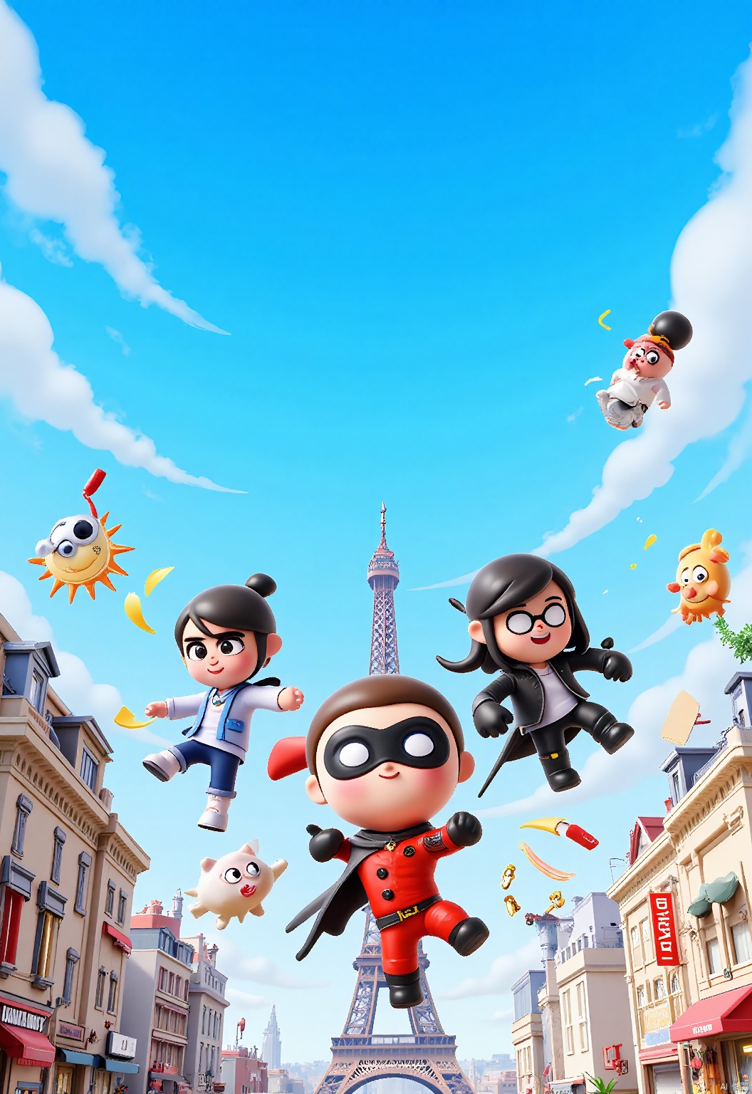 YYHB,A bright and colorful digital artwork features characters from "Miraculous: Tales of Ladybug & Cat Noir," set in a vibrant Parisian cityscape with the Eiffel Tower in the background,illustrating Marinette,Adrien,and Tikki in delightful chibi styles,saving the city,exuding heroism and excitement.,