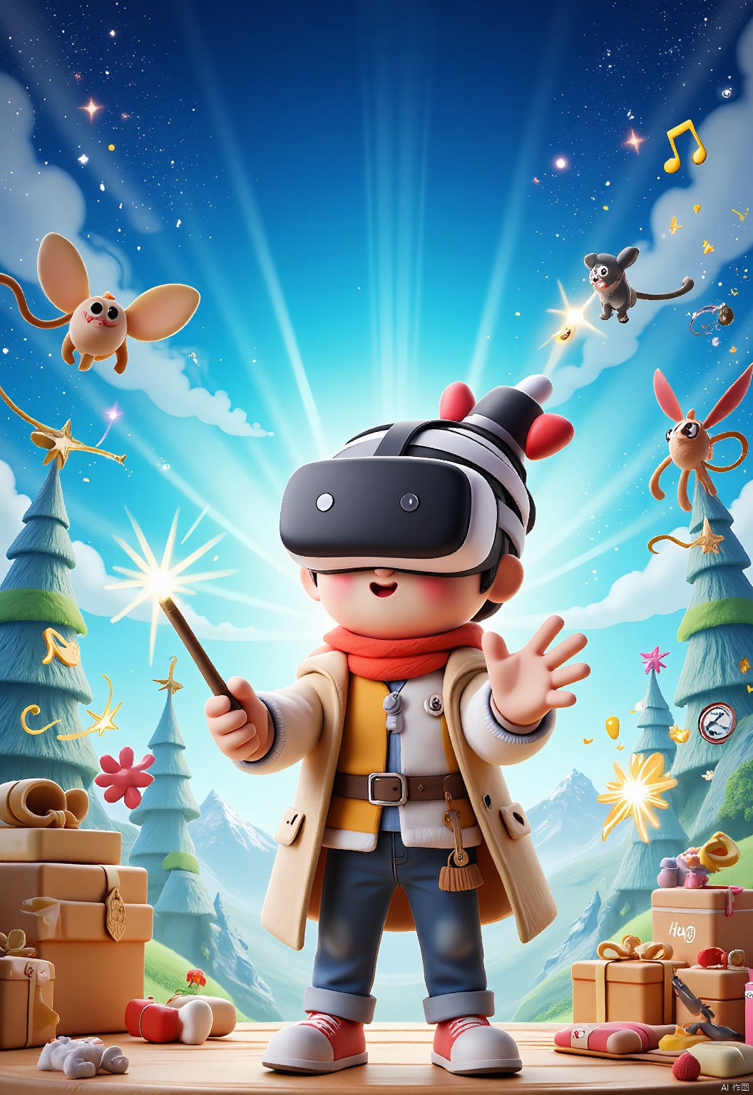 YYHB, A breathtaking 3D illustration of a child wearing a virtual reality headset, immersed in a whimsical virtual world. He holds a virtual wand, casting spells and exploring enchanted forests. The room is filled with the sound of magical music and the scent of fresh baked cookies. The background features a magical landscape filled with mythical creatures and enchanting scenery. The child is dressed in a cozy, adventurous outfit and cozy slippers. The overall aesthetic is whimsical and enchanting, with a touch of fantasy and adventure
