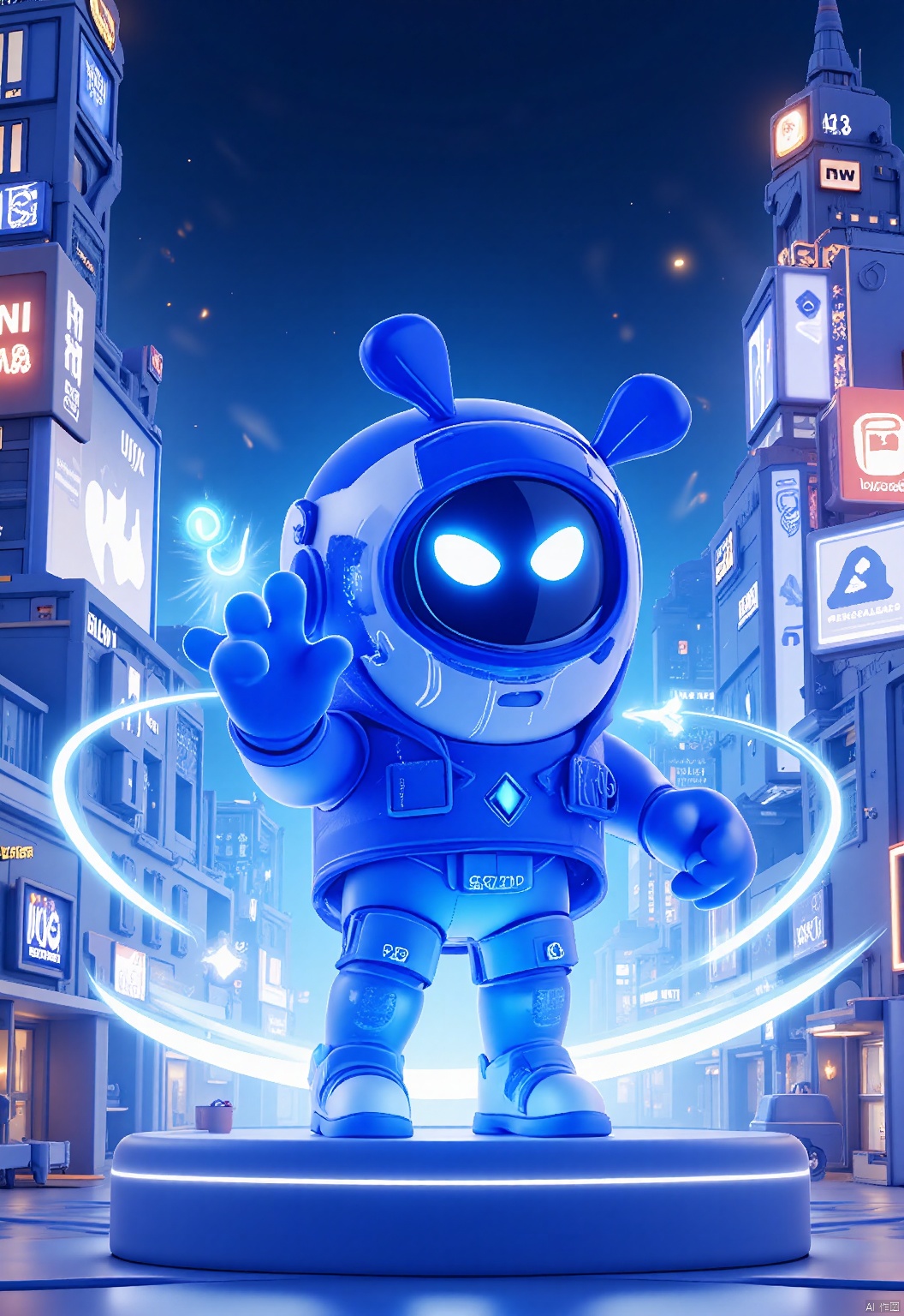 YYHB, A captivating 3D rendering of an energetic, indigo e-commerce character with a sleek, diamond-shaped design and shimmering, sapphire eyes, clutching a holographic shipping label in its left hand. The character stands on a sleek, acrylic platform, encircled by swirling digital shipping options. The backdrop is a sleek, modern e-commerce metropolis, dominated by towering digital skyscrapers and neon lights. The scene is vibrant and engaging, with a tech-centric, digital aesthetic.