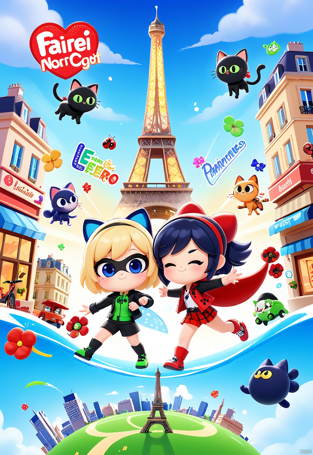 YYHB,A bright and colorful digital artwork features characters from "Miraculous: Tales of Ladybug & Cat Noir," set in a vibrant Parisian cityscape with the Eiffel Tower in the background,illustrating Marinette,Adrien,and Tikki in delightful chibi styles,saving the city,exuding heroism and excitement.,
