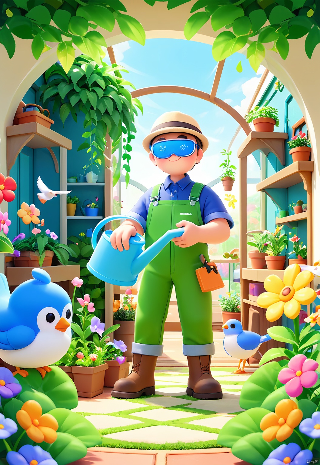 YYHB, A breathtaking 3D illustration of a gardener wearing smart glasses, tending to a virtual garden. He holds a holographic watering can, nurturing vibrant flowers. The garden is brightly lit by sunlight and filled with colorful plants and birds. The background includes a virtual greenhouse and a wall painted with a mural of lush greenery. The gardener is dressed in a casual, practical outfit and sturdy boots. The overall aesthetic is natural and serene, with a focus on nature and sustainability.
