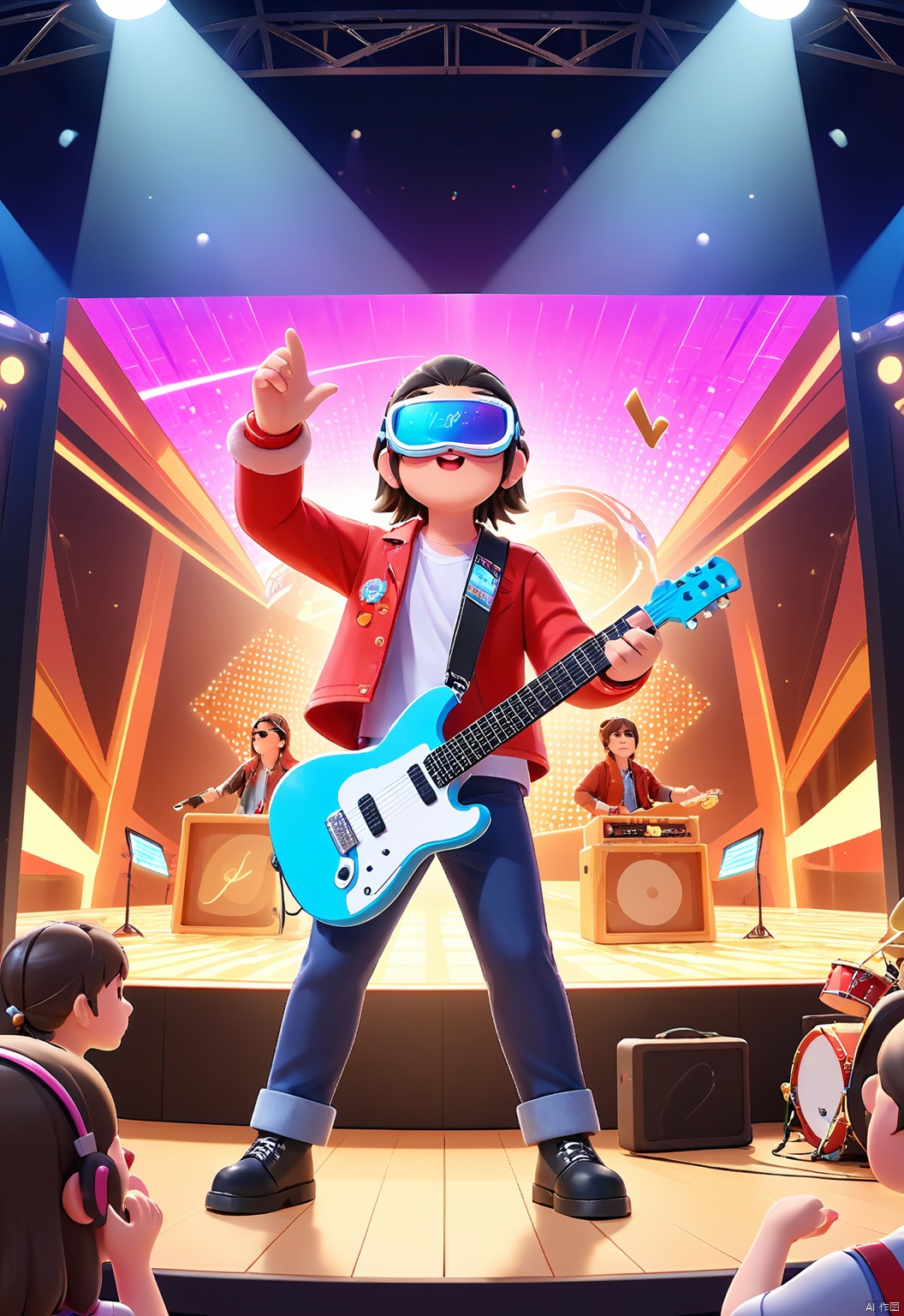 YYHB, A vivid 3D illustration of a musician wearing augmented reality glasses, performing in a virtual concert hall. He holds a holographic guitar, strumming along to a catchy tune. The concert hall is illuminated by stage lights and filled with virtual audience members. The background includes a virtual band and a wall painted with a mural of musical instruments. The musician is dressed in a flashy, stage-ready outfit and stylish boots. The overall aesthetic is lively and energetic, with a focus on music and performance.