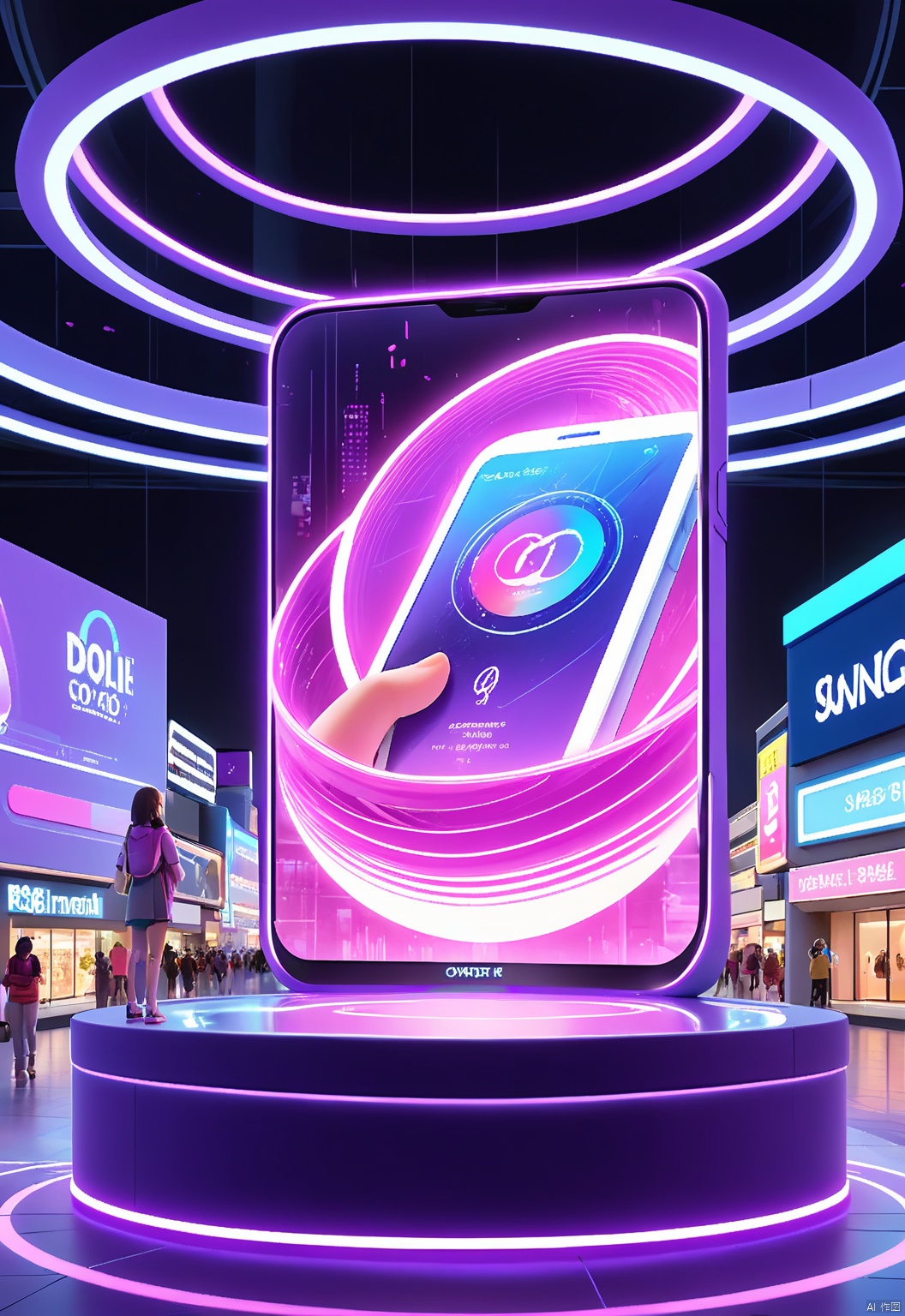 YYHB, A stunning 3D illustration of a lively, purple e-commerce avatar with a streamlined, geometric shape and glowing, pink eyes, holding a holographic smartphone in its right hand. The avatar perches on a sleek, glass pedestal, surrounded by swirling digital data streams. The backdrop is a futuristic digital mall, dominated by towering holographic displays and vibrant digital banners. The scene is cutting-edge and captivating, with a high-tech, digital aesthetic.