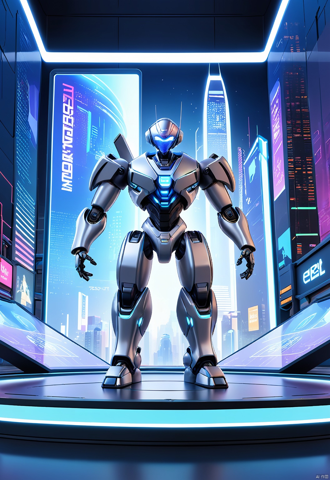 YYHB, A sleek 3D representation of a stylish, silver robot with holographic screens and a sleek design, presenting a sleek product on its chest. The robot stands on a futuristic, glass-walled stage amidst a backdrop of shimmering lights and digital projections. The backdrop is a futuristic, high-tech cityscape, with towering skyscrapers and hovering drones. The scene is sleek and sophisticated, with a cyberpunk, futuristic aesthetic.