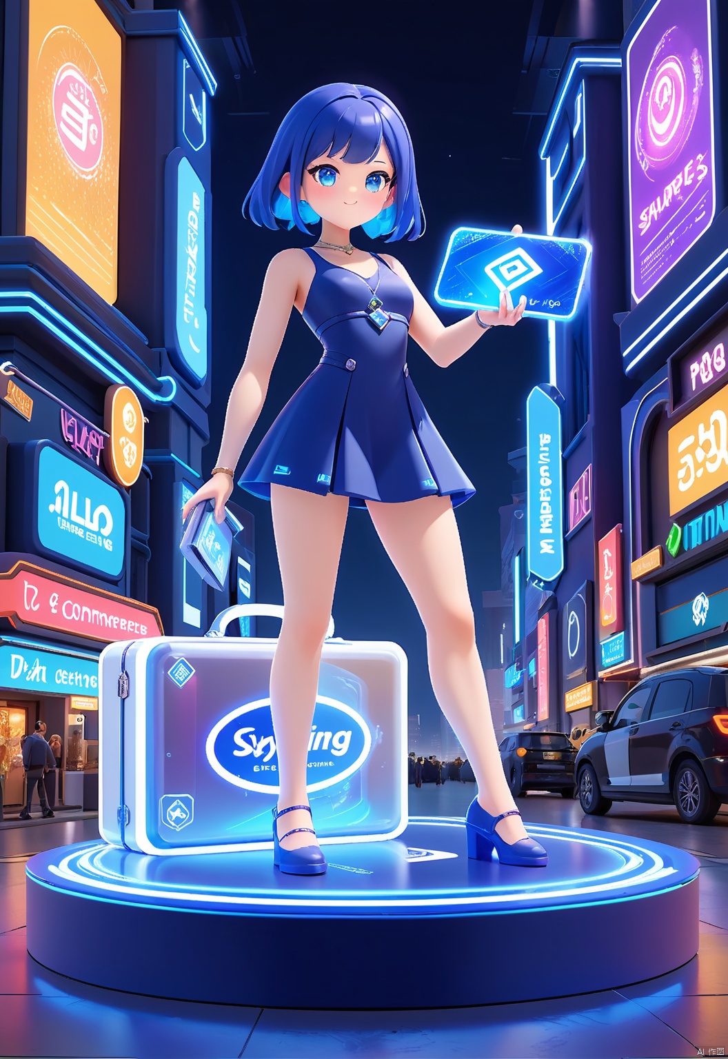 YYHB, A captivating 3D rendering of an energetic, indigo e-commerce character with a sleek, diamond-shaped design and shimmering, sapphire eyes, clutching a holographic shipping label in its left hand. The character stands on a sleek, acrylic platform, encircled by swirling digital shipping options. The backdrop is a sleek, modern e-commerce metropolis, dominated by towering digital skyscrapers and neon lights. The scene is vibrant and engaging, with a tech-centric, digital aesthetic.