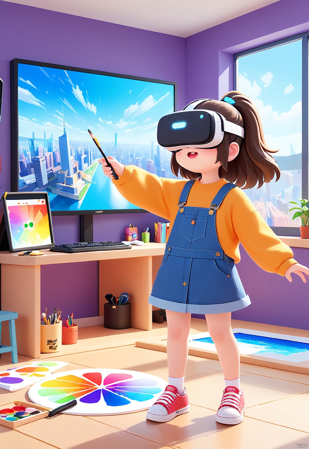 YYHB,A stunning CGI illustration of a teenage girl wearing virtual reality headsets,standing in the middle of a virtual art studio. She holds a virtual paintbrush and seems to be painting a masterpiece. The room is filled with the sound of soft,ambient music and the scent of paint. The background features a wall filled with digital artworks and a window with a view of a digital cityscape. The girl is dressed in a stylish,art-inspired outfit and sneakers. The overall aesthetic is creative and inspiring,with a rich,colorful palette.,