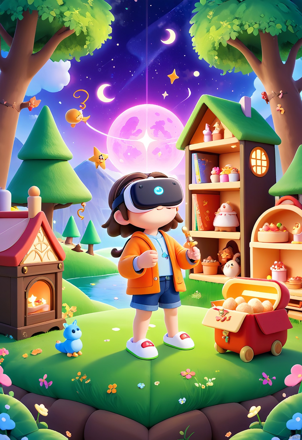 YYHB, A breathtaking 3D illustration of a child wearing a virtual reality headset, immersed in a whimsical virtual world. He holds a virtual wand, casting spells and exploring enchanted forests. The room is filled with the sound of magical music and the scent of fresh baked cookies. The background features a magical landscape filled with mythical creatures and enchanting scenery. The child is dressed in a cozy, adventurous outfit and cozy slippers. The overall aesthetic is whimsical and enchanting, with a touch of fantasy and adventure