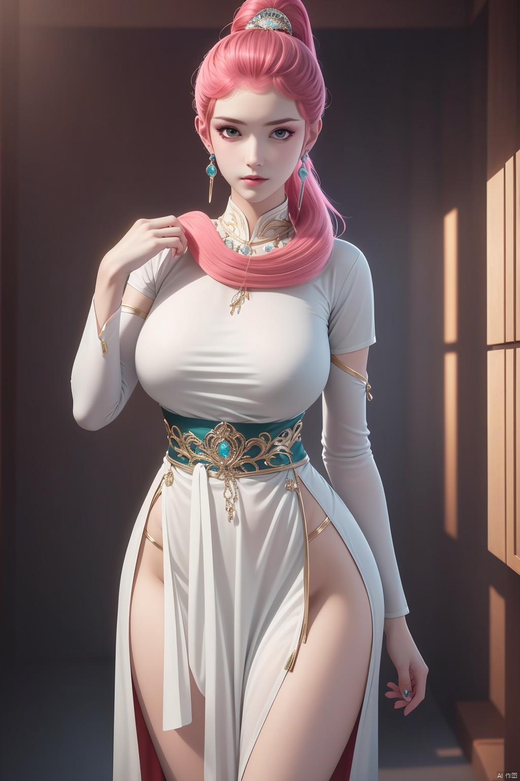 1girl, solo, long hair, breasts, looking at viewer, hair ornament, dress, jewelry, ponytail, pink hair, earrings, masterpiece,best quality,official art,extremely detailed CG unity 8k wallpaper,Above the waist,Thigh exposed,