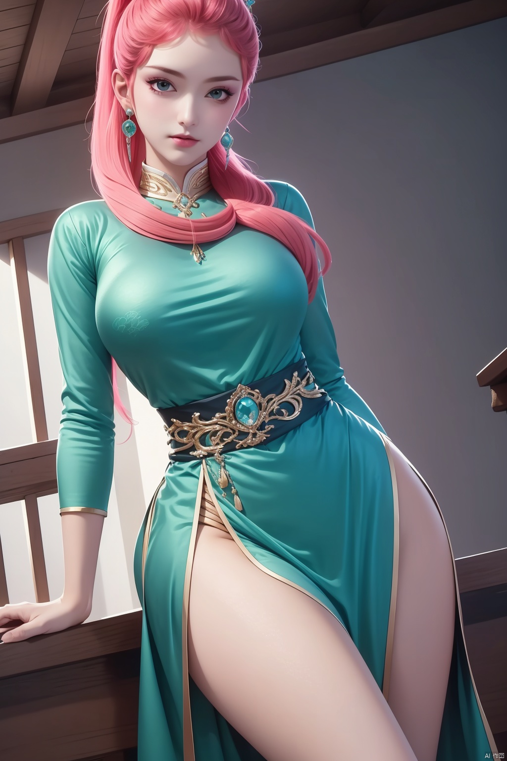 1girl, solo, long hair, breasts, looking at viewer, hair ornament, dress, jewelry, ponytail, pink hair, earrings, masterpiece,best quality,official art,extremely detailed CG unity 8k wallpaper,Above the waist,Thigh exposed,