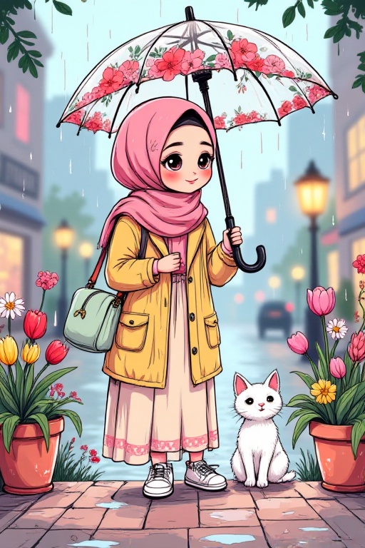 Create a whimsical,  storybook-style illustration featuring a cheerful young skinny hijabi girl,  big round eyes standing...