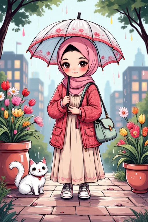 Create a whimsical,  storybook-style illustration featuring a cheerful young skinny hijabi girl with big round eyes standi...