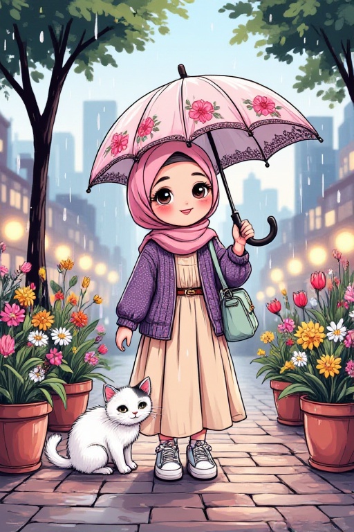 Create a whimsical,  storybook-style illustration featuring a cheerful young skinny hijabi girl with big round eyes standi...