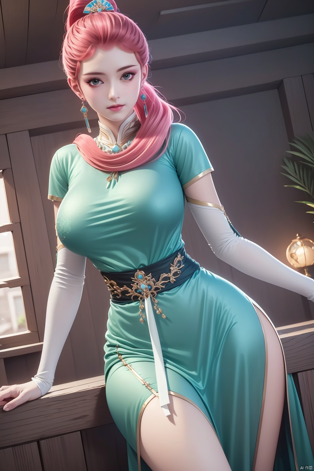 1girl, solo, long hair, breasts, looking at viewer, hair ornament, dress, jewelry, ponytail, pink hair, earrings, masterpiece,best quality,official art,extremely detailed CG unity 8k wallpaper,Above the waist,Thigh exposed,