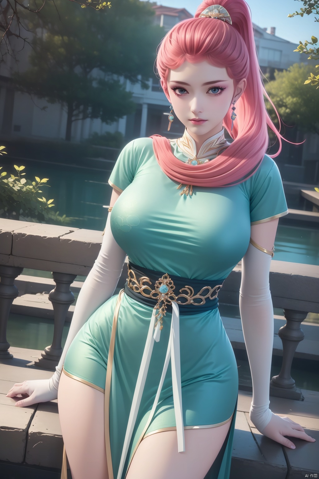 1girl, solo, long hair, breasts, looking at viewer, hair ornament, dress, jewelry, ponytail, pink hair, earrings, masterpiece,best quality,official art,extremely detailed CG unity 8k wallpaper,Above the waist,Thigh exposed,