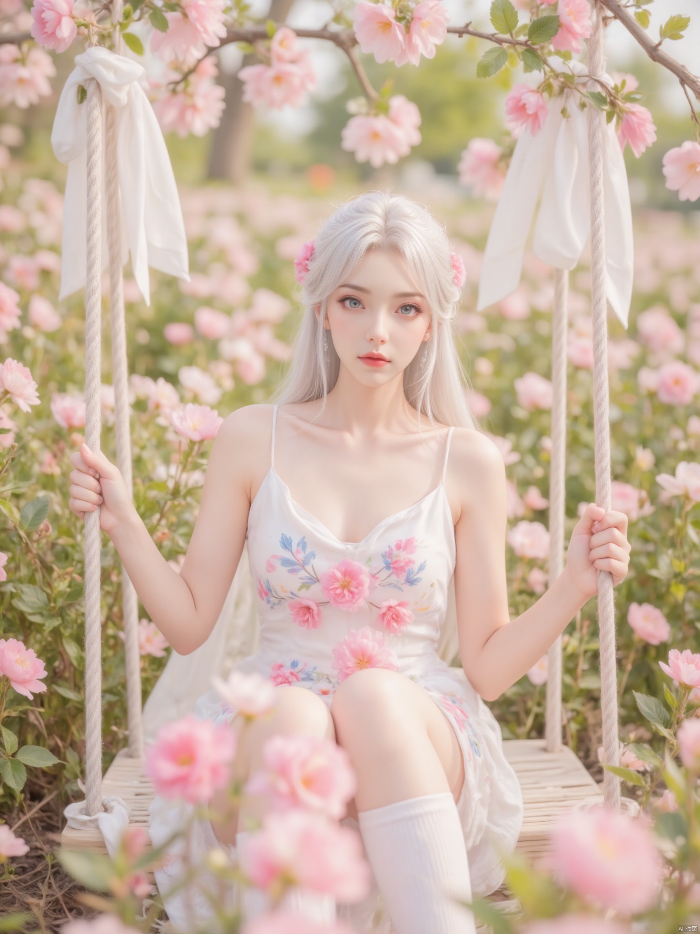 A young woman in a place where she is in the blooming scenery of flowers. She has long, soft hair, bright flowers on her hair, and is wearing a white dress with floral embroidery, and the overall look is fresh and sweet. She held a rope wrapped around pink flowers, which seemed to be on a swing adorned with white curtains. Flowers of various colors bloom around, including pink, purple, etc., with green backgrounds and sunlight shining through the branches and leaves, creating a romantic and warm atmosphere. This style is common in the creation of illustrations with beautiful and romantic themes, showing the beautiful fusion of nature and youth. ,zichu
