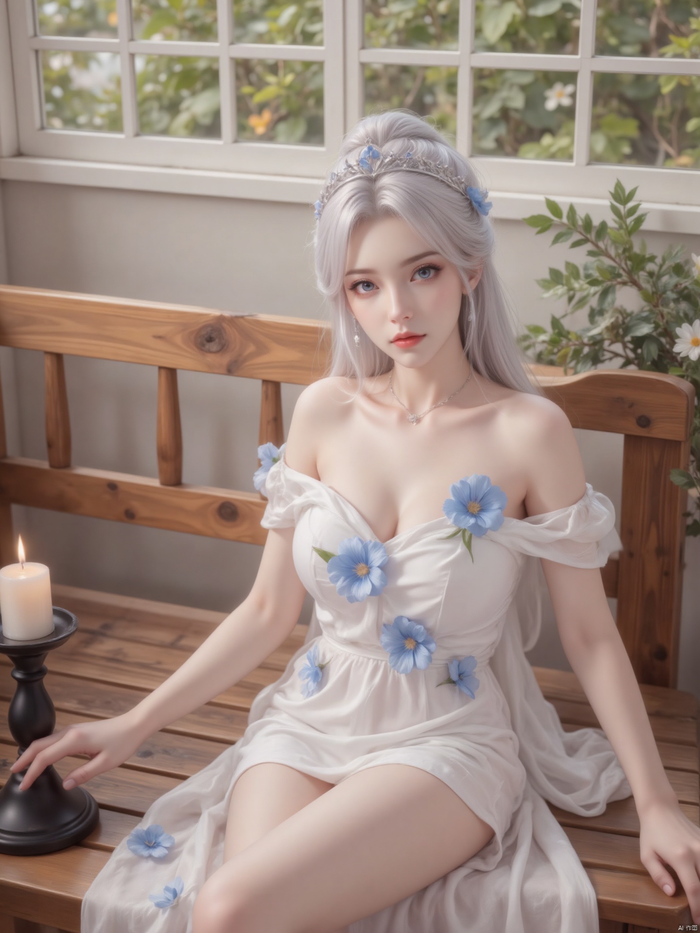 a woman is seated on a wooden bench, her hair cascades in a bun, adorned with a crown and a necklace. She is dressed in a white silk dress adorned with blue flowers, adding a touch of color to the scene. The woman's dress is draped over her right shoulder, her left hand resting on a black candle holder. The candle is lit, casting a shadow on the wooden bench. Behind her, a window is visible, providing a glimpse of greenery.,zichu