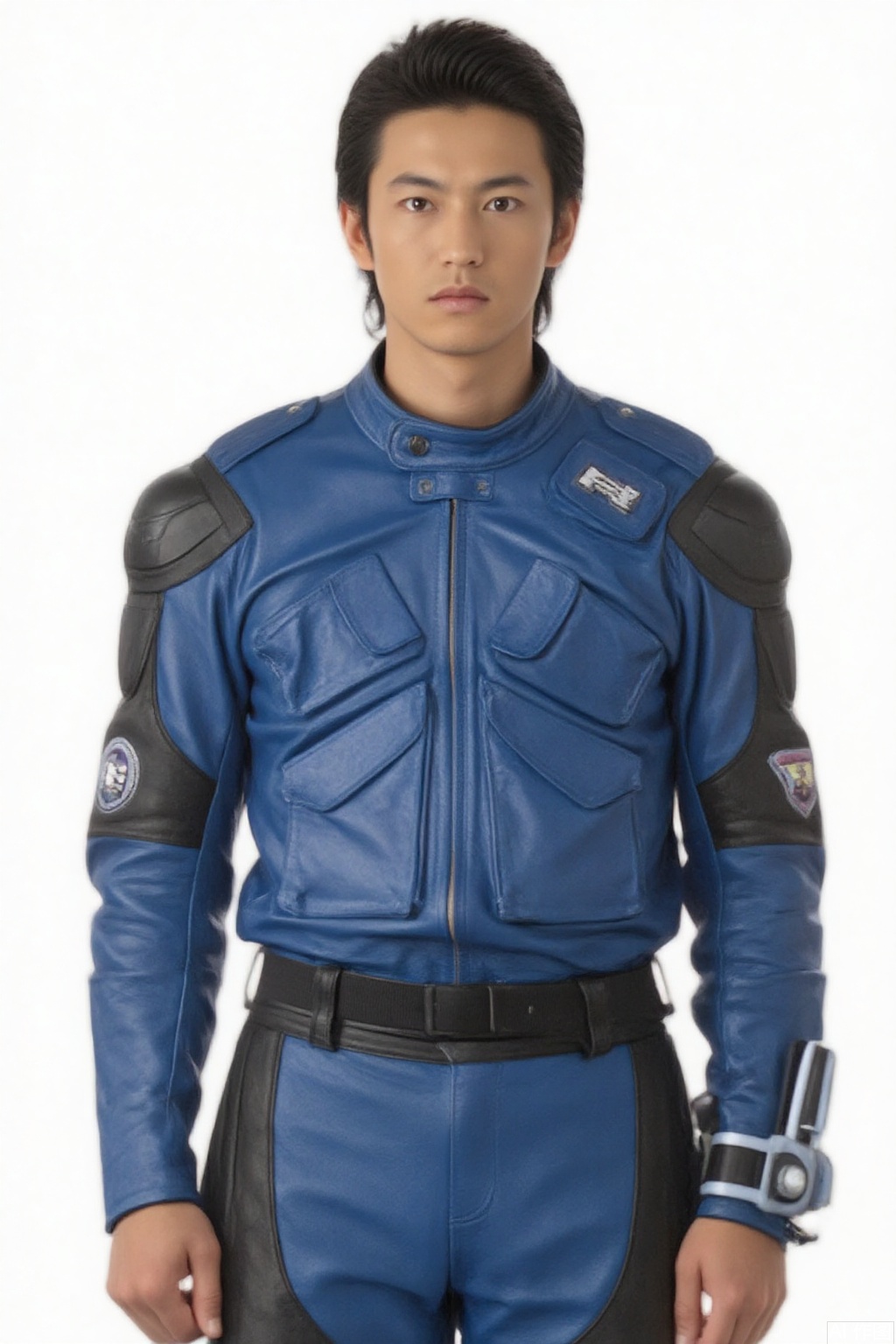 masterpiece, best quality,solo,(white background:1.2),simple background,
looking at viewer,night raiders,collar,belt,logo,uniform,jacket,pants,gloves,boots,emblem,blue jacket,blue pants