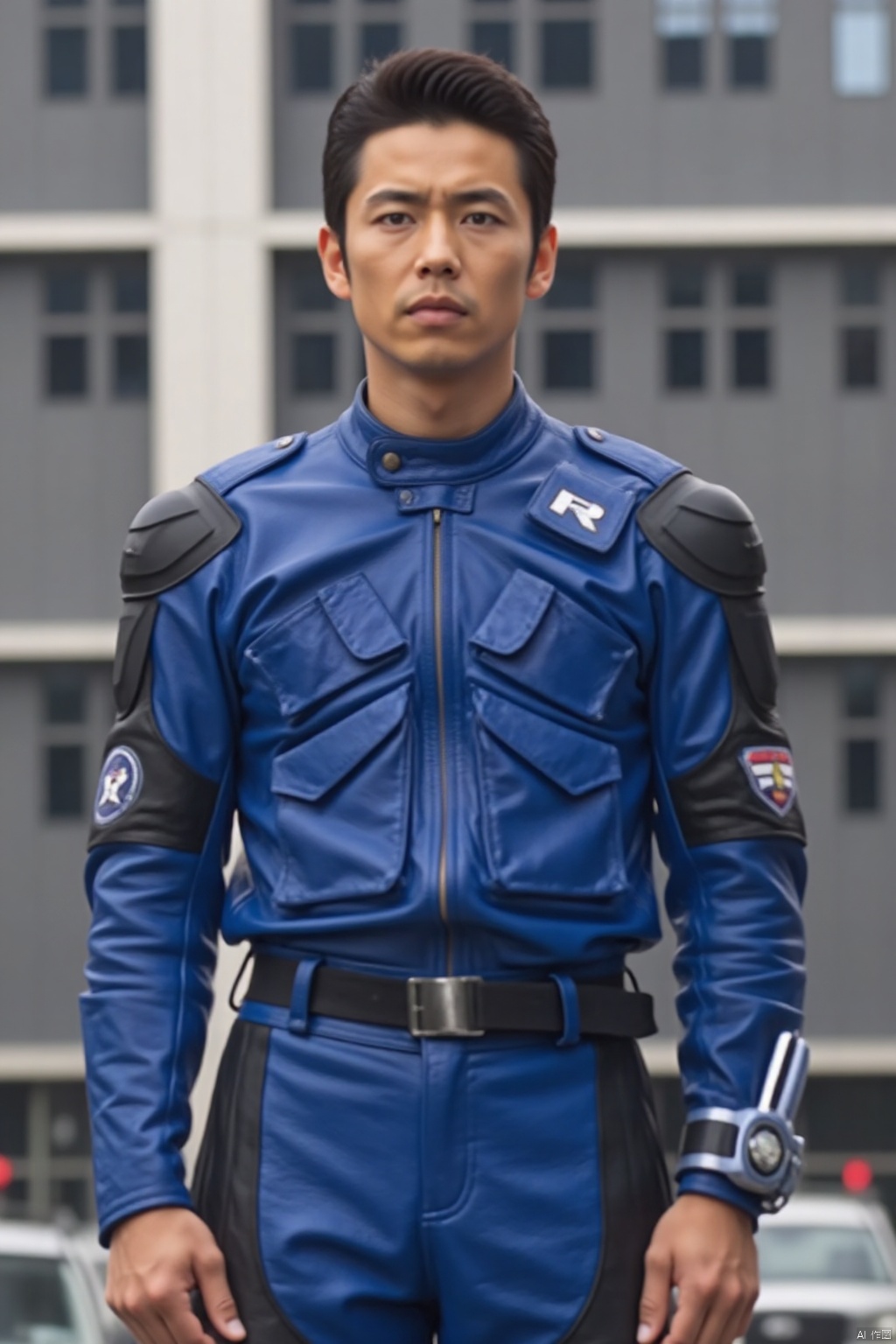 night raiders,collar,belt,logo,uniform,jacket,pants,gloves,boots,emblem,blue jacket,blue pants,
full_body