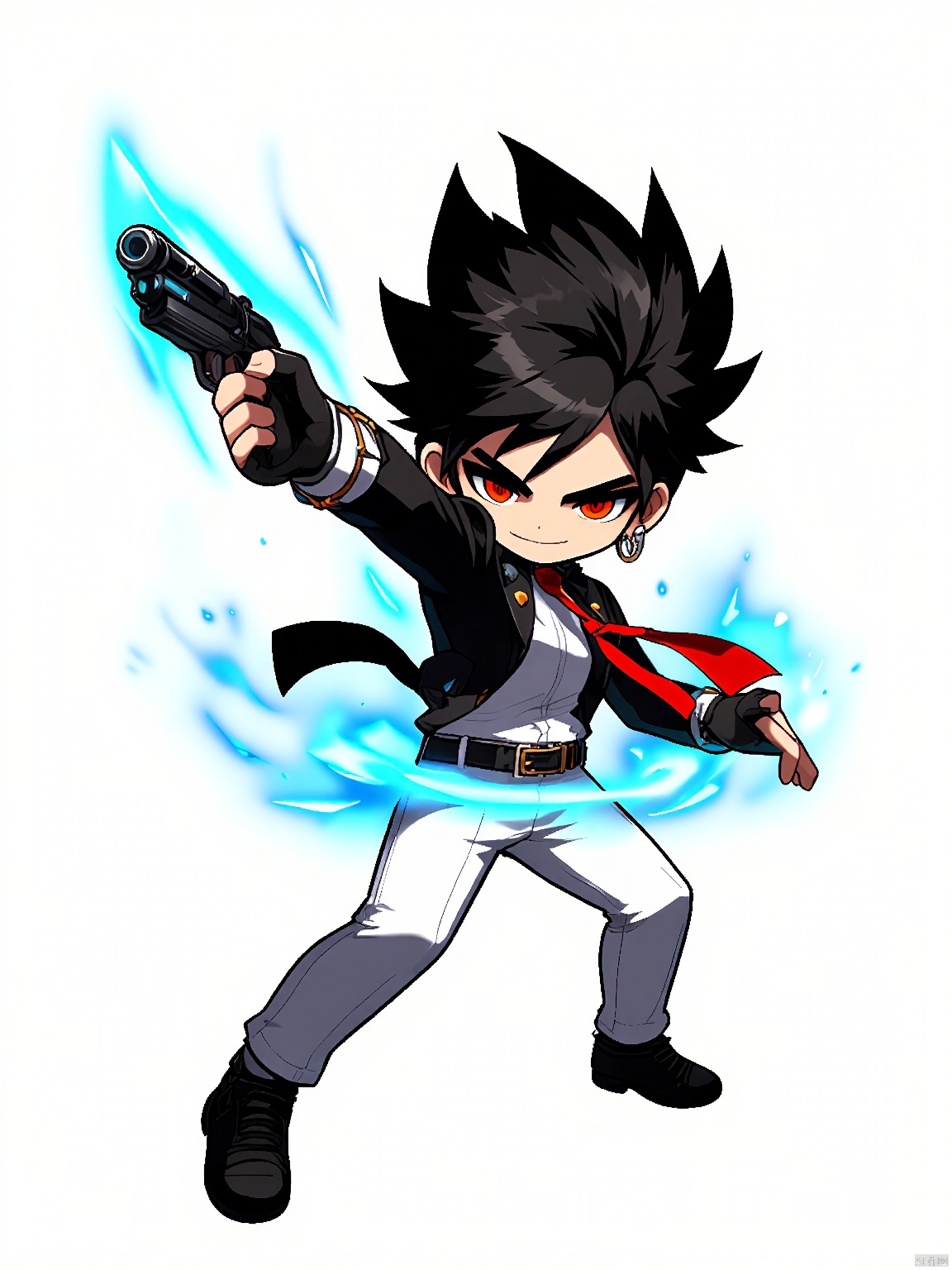 QBJS, A chibi illustration of a character from "Persona 5." The character is a stylish young man with spiky, black hair and striking heterochromic eyes. He wears a sleek black jacket with silver trim, a red tie, and white pants. In his right hand, he holds a glowing blue gun, while his left hand is raised in a confident stance. The background is plain white, highlighting the digital artwork's dynamic pose and vibrant colors.
