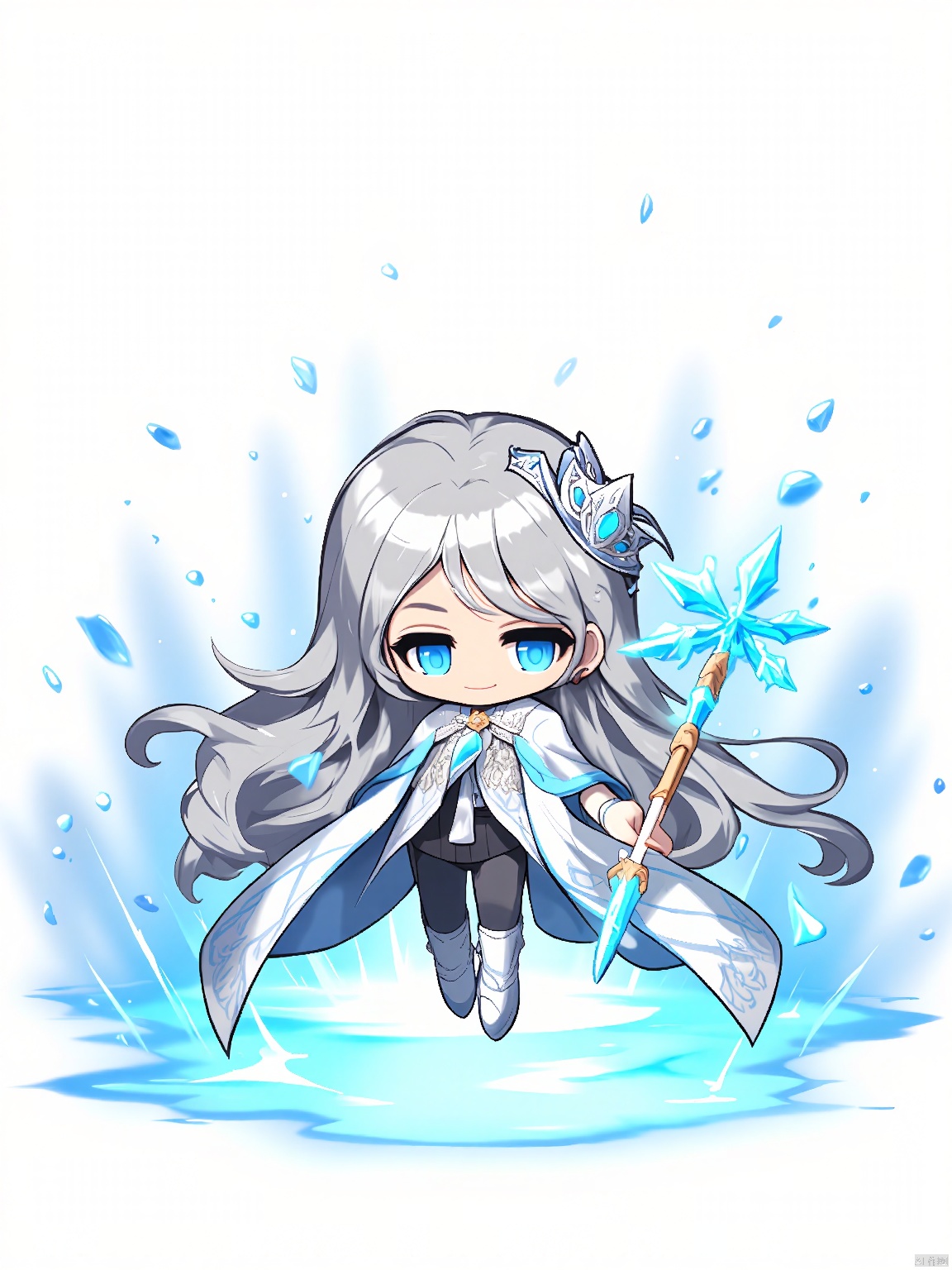 QBJS, A digital illustration of a chibi-style character with long, flowing silver hair, adorned in a shimmering silver and white gown with a diadem. The character has ice-blue eyes and carries a staff topped with a frozen snowflake that glows. They are standing on a patch of frozen ground with snowflakes falling around. The character gives a shy smile. The background is plain white.