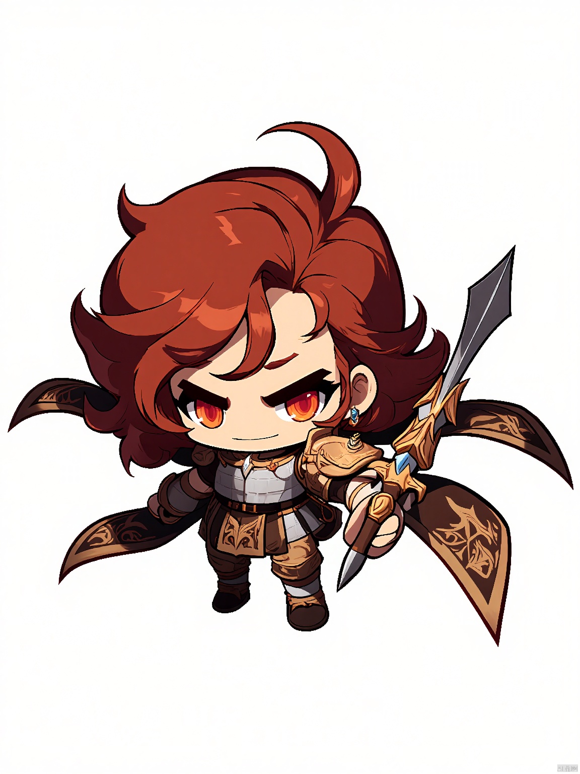 QBJS, Chibi-style illustration of a young warrior princess with curly, auburn hair and fiery red eyes. She wears a breastplate made of scales, matching gauntlets and greaves, a flowing skirt in shades of brown and gold, and wields a spear with an ornate head. The background is plain white, setting off her regal bearing and the intricate craftsmanship of her armor.