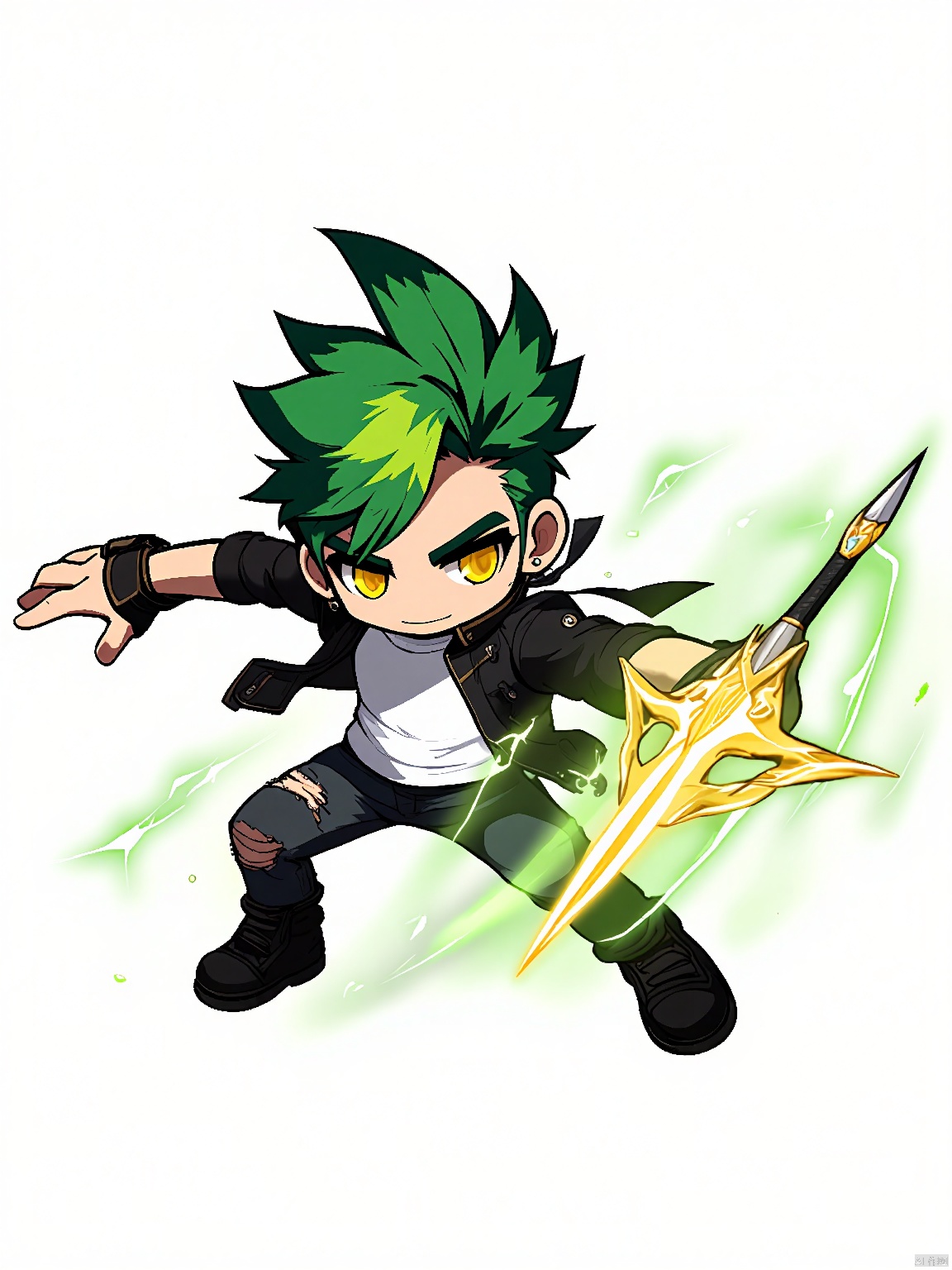 QBJS, A digital illustration of a chibi anime boy with short, spiky green hair and glowing, gold eyes. He wears a black leather jacket over a white t-shirt, paired with ripped jeans and combat boots. His right hand grasps a large, sword-like energy blade, while his left hand is raised in a defensive stance. The background is a clean white, highlighting the sharp lines and bold colors of his outfit and weapon.