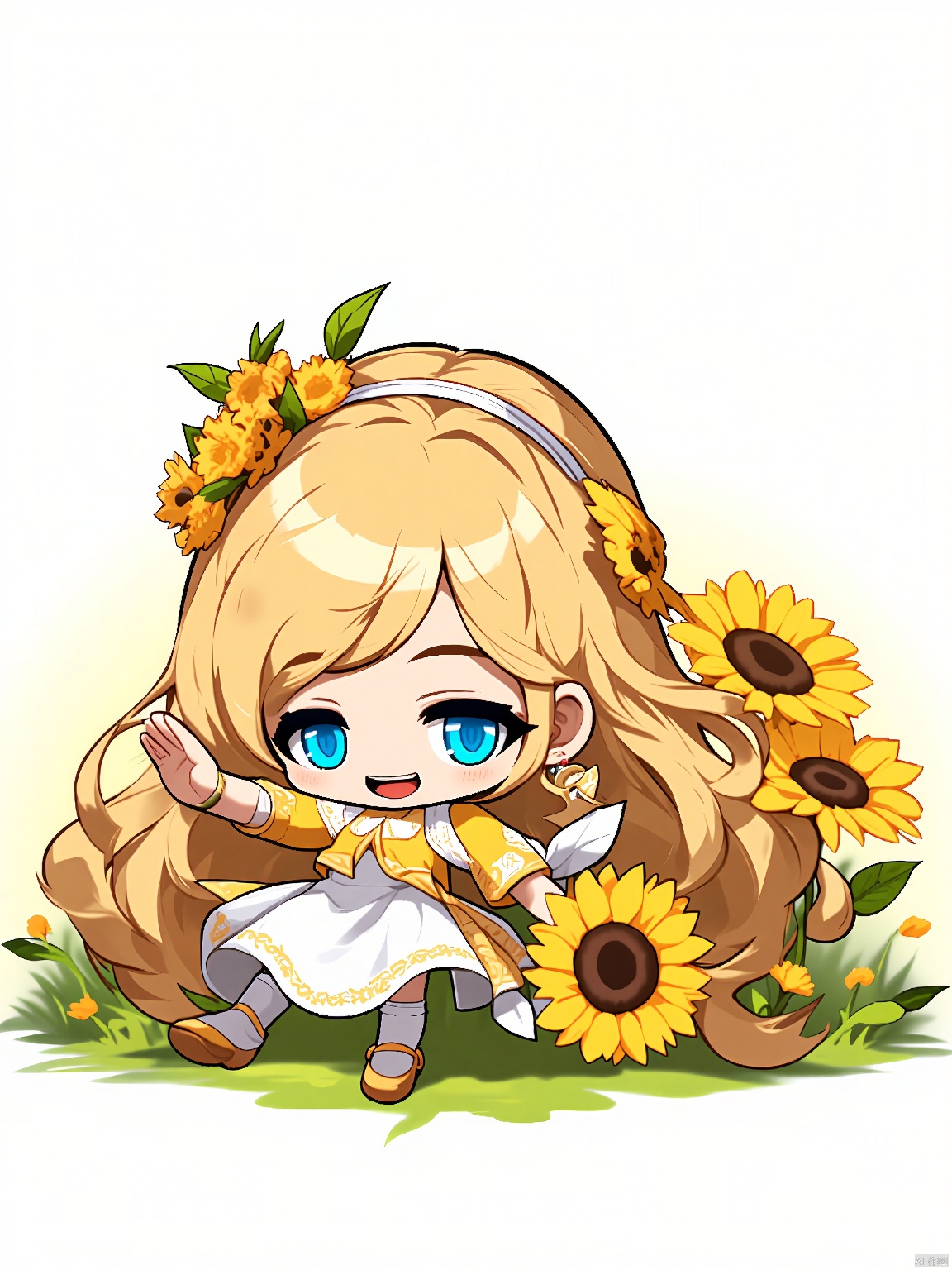 QBJS, A digital illustration of a chibi-style character with long, wavy blonde hair, adorned in a sunflower yellow and white dress with a flower crown. The character has bright blue eyes and holds a bouquet of blooming sunflowers. They are standing in a sunlit meadow. The character salutes with their right hand. The background is plain white.