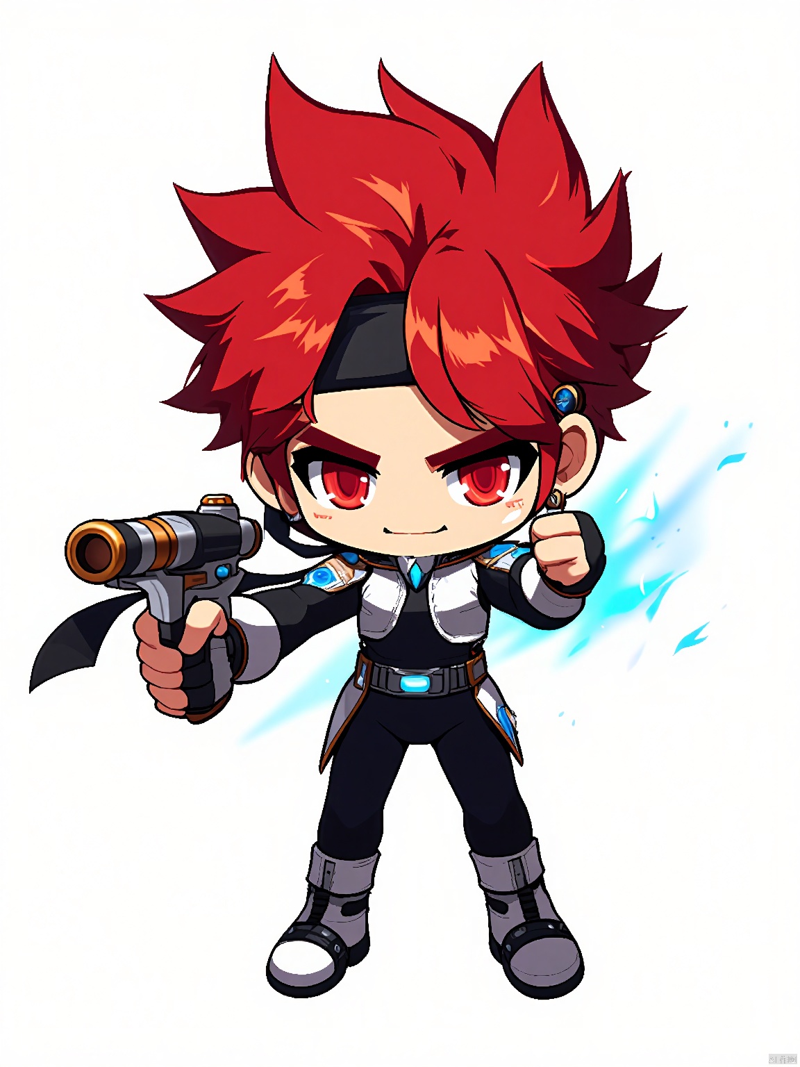 QBJS, A digital illustration of a chibi-style anime boy with spiky, crimson hair and a black headband. He sports a determined look and wears a sleek, silver and blue jumpsuit with matching boots. In his right hand, he holds a compact, high-tech blaster, while his left hand rests confidently on his hip. The background is a pristine white, allowing the vibrant colors and intricate details of his outfit and weapon to shine.