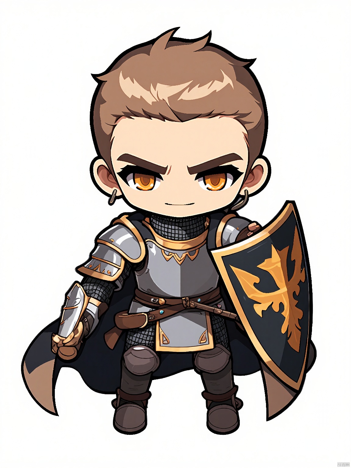 QBJS, A chibi illustration of a young knight in training with buzzed hair and bright, determined hazel eyes. He wears simple chainmail armor, a padded tunic, and sturdy leather boots. His sword is sheathed at his side, but his shield is raised, emblazoned with the emblem of his house. He stands tall and proud, ready to face any challenge. The background is plain white, letting the playful and spirited cartoonish style shine through.