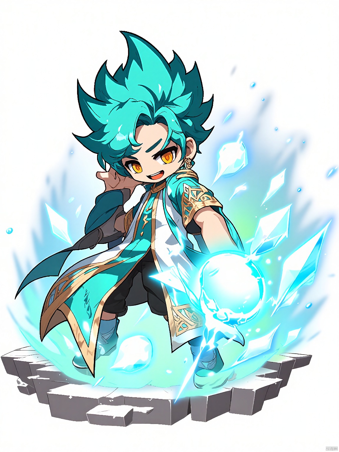 QBJS, A colorful digital portrayal of a chibi character with short, spiked teal hair, wearing a turquoise and white robe with golden symbols. The character has hazel eyes and holds a glowing, crystal orb that pulses with energy. They stand on a platform of ancient ruins. The character poses with both hands raised in a gesture of welcome. The background is plain white.