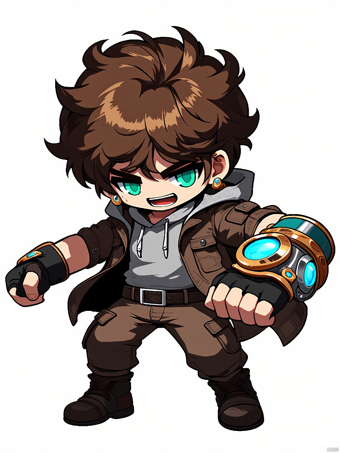 QBJS, A digital illustration of a chibi anime boy with wild, curly brown hair and striking, emerald green eyes. He wears a rugged, brown leather jacket over a grey hoodie, paired with cargo pants and sturdy boots. His right hand clutches a powerful, mechanical gauntlet, while his left hand is clenched in a fist at his side. The background is a simple white, underscoring the rugged charm and intricate mechanics of his outfit and weapon.