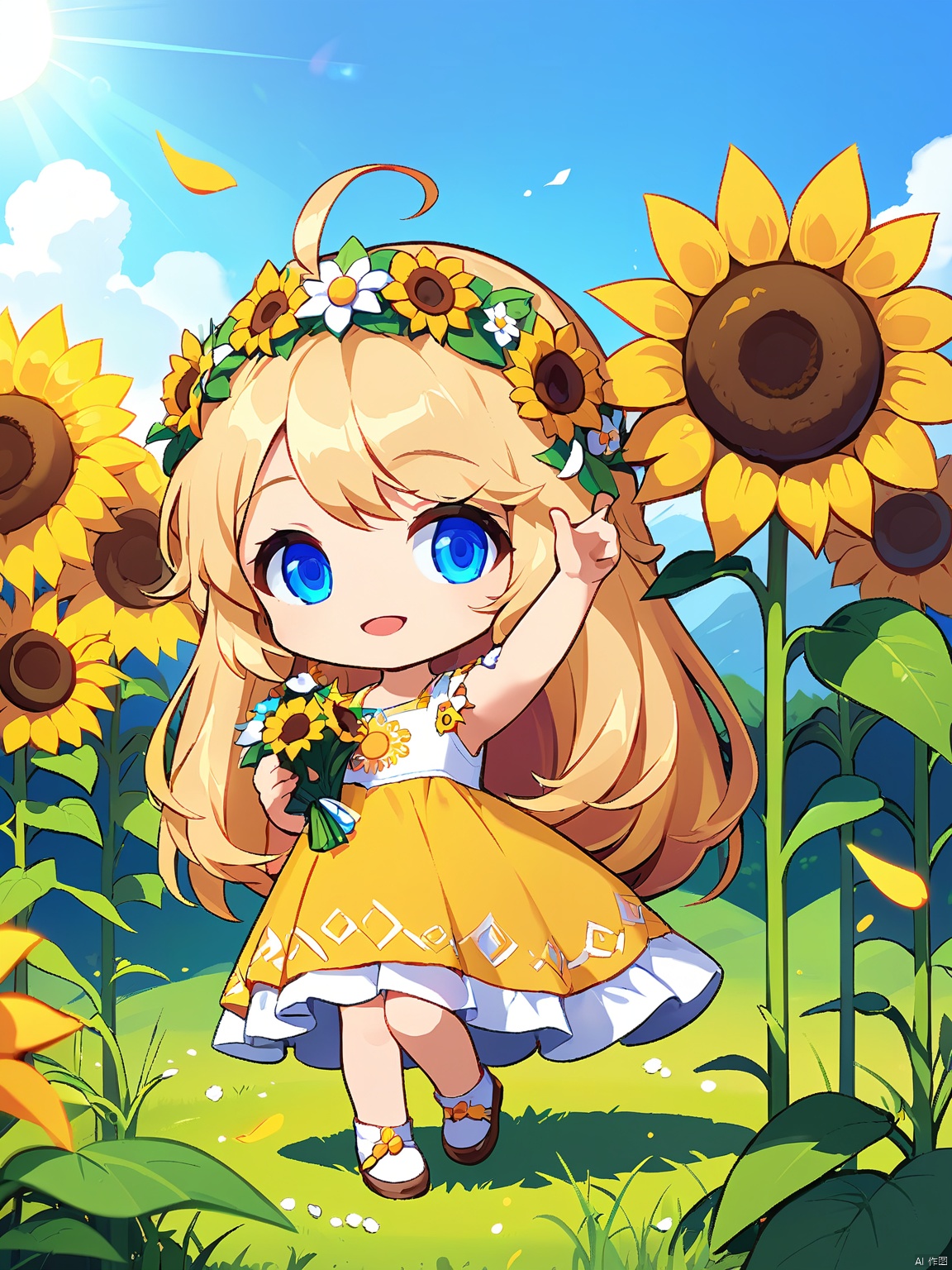 QBJS, A digital illustration of a chibi-style character with long, wavy blonde hair, adorned in a sunflower yellow and white dress with a flower crown. The character has bright blue eyes and holds a bouquet of blooming sunflowers. They are standing in a sunlit meadow. The character salutes with their right hand. The background is plain white.