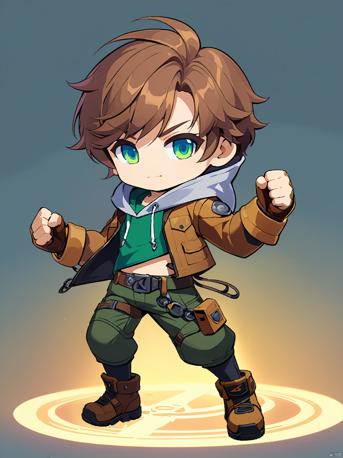 QBJS, A digital illustration of a chibi anime boy with wild, curly brown hair and striking, emerald green eyes. He wears a rugged, brown leather jacket over a grey hoodie, paired with cargo pants and sturdy boots. His right hand clutches a powerful, mechanical gauntlet, while his left hand is clenched in a fist at his side. The background is a simple white, underscoring the rugged charm and intricate mechanics of his outfit and weapon.