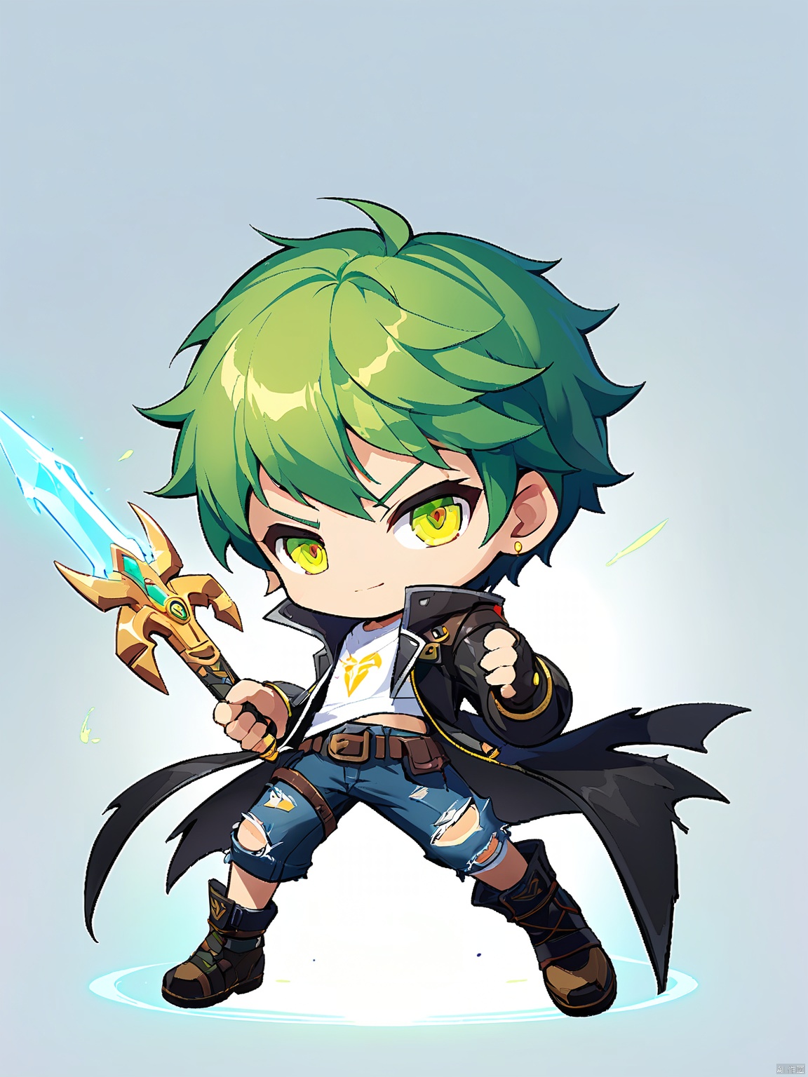 QBJS, A digital illustration of a chibi anime boy with short, spiky green hair and glowing, gold eyes. He wears a black leather jacket over a white t-shirt, paired with ripped jeans and combat boots. His right hand grasps a large, sword-like energy blade, while his left hand is raised in a defensive stance. The background is a clean white, highlighting the sharp lines and bold colors of his outfit and weapon.
