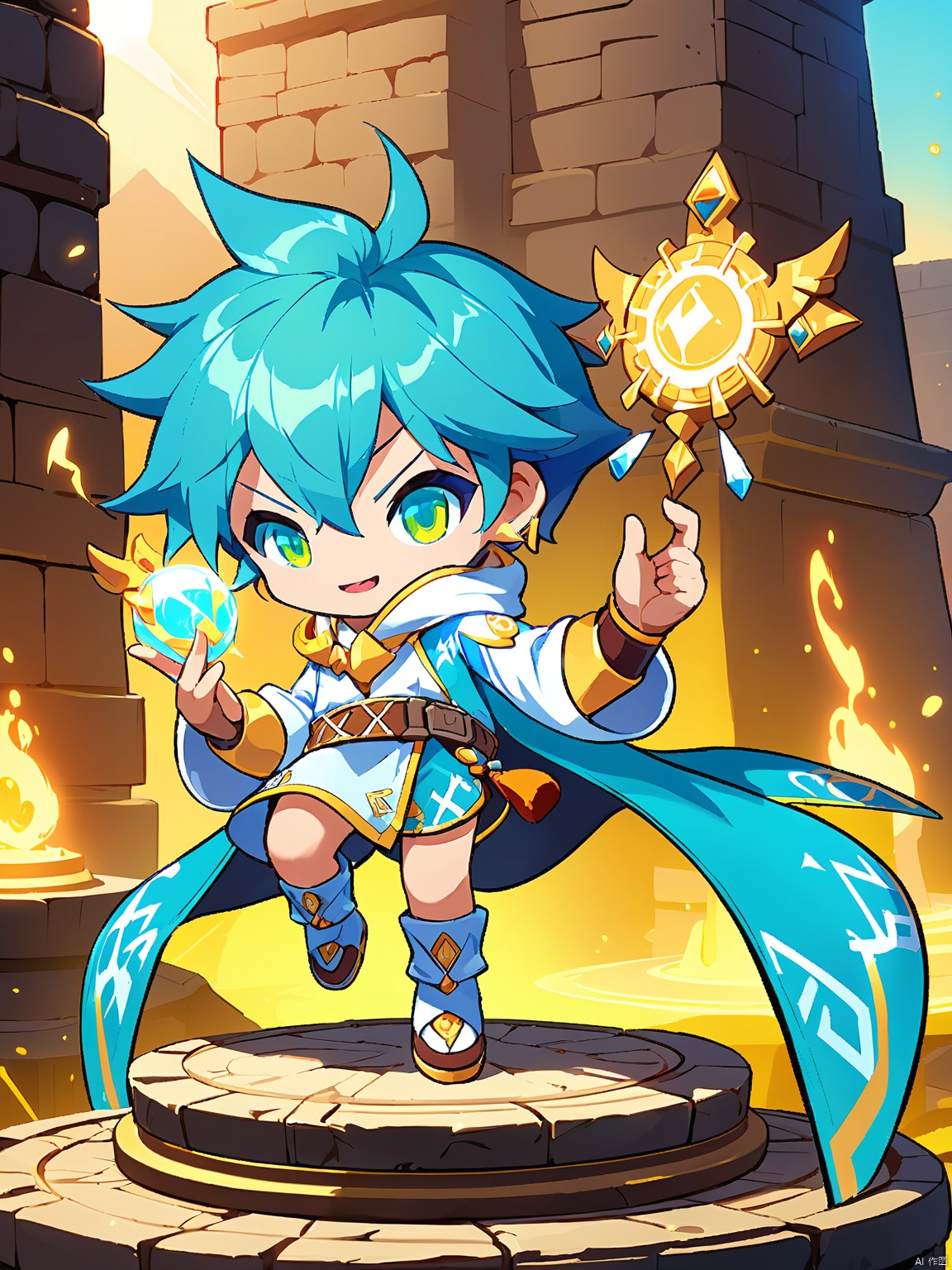 QBJS, A colorful digital portrayal of a chibi character with short, spiked teal hair, wearing a turquoise and white robe with golden symbols. The character has hazel eyes and holds a glowing, crystal orb that pulses with energy. They stand on a platform of ancient ruins. The character poses with both hands raised in a gesture of welcome. The background is plain white.