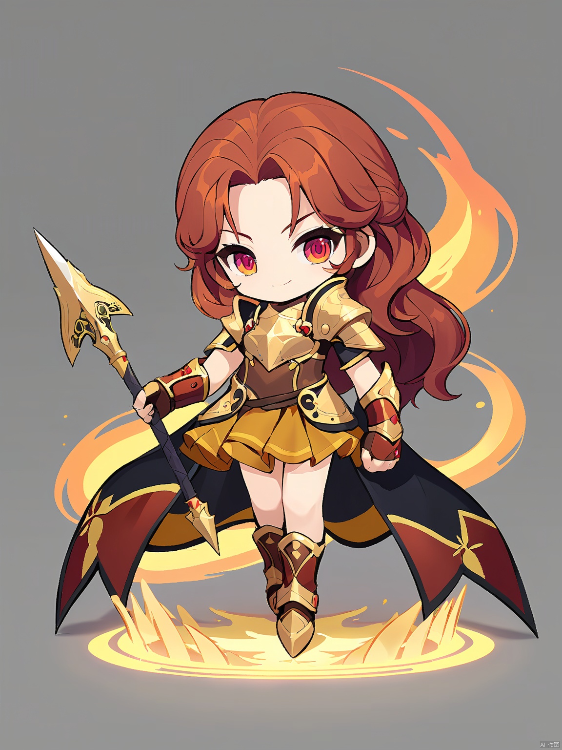QBJS, Chibi-style illustration of a young warrior princess with curly, auburn hair and fiery red eyes. She wears a breastplate made of scales, matching gauntlets and greaves, a flowing skirt in shades of brown and gold, and wields a spear with an ornate head. The background is plain white, setting off her regal bearing and the intricate craftsmanship of her armor.