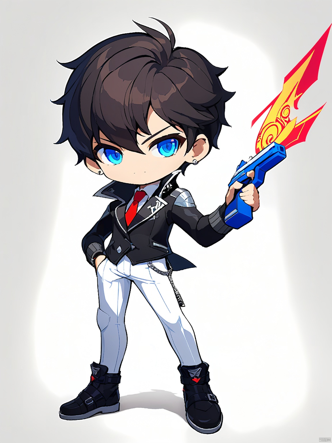 QBJS, A chibi illustration of a character from "Persona 5." The character is a stylish young man with spiky, black hair and striking heterochromic eyes. He wears a sleek black jacket with silver trim, a red tie, and white pants. In his right hand, he holds a glowing blue gun, while his left hand is raised in a confident stance. The background is plain white, highlighting the digital artwork's dynamic pose and vibrant colors.