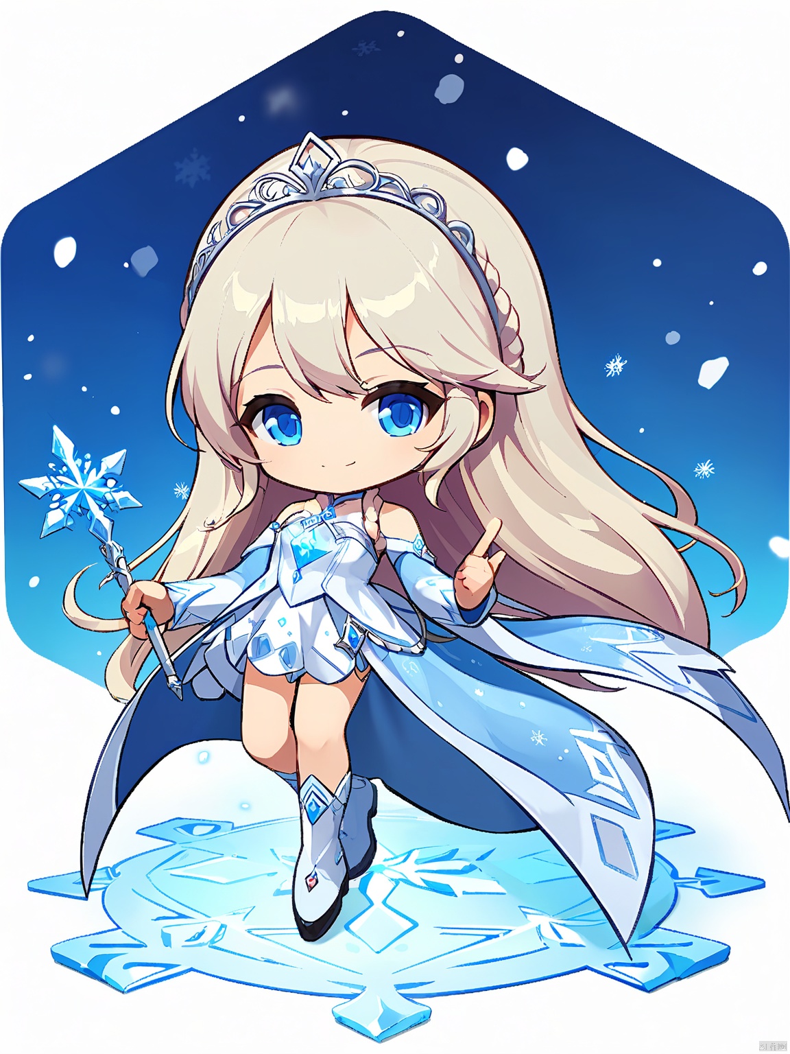 QBJS, A digital illustration of a chibi-style character with long, flowing silver hair, adorned in a shimmering silver and white gown with a diadem. The character has ice-blue eyes and carries a staff topped with a frozen snowflake that glows. They are standing on a patch of frozen ground with snowflakes falling around. The character gives a shy smile. The background is plain white.