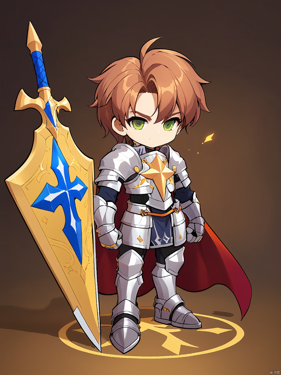 QBJS, A chibi illustration of a young knight in training with buzzed hair and bright, determined hazel eyes. He wears simple chainmail armor, a padded tunic, and sturdy leather boots. His sword is sheathed at his side, but his shield is raised, emblazoned with the emblem of his house. He stands tall and proud, ready to face any challenge. The background is plain white, letting the playful and spirited cartoonish style shine through.