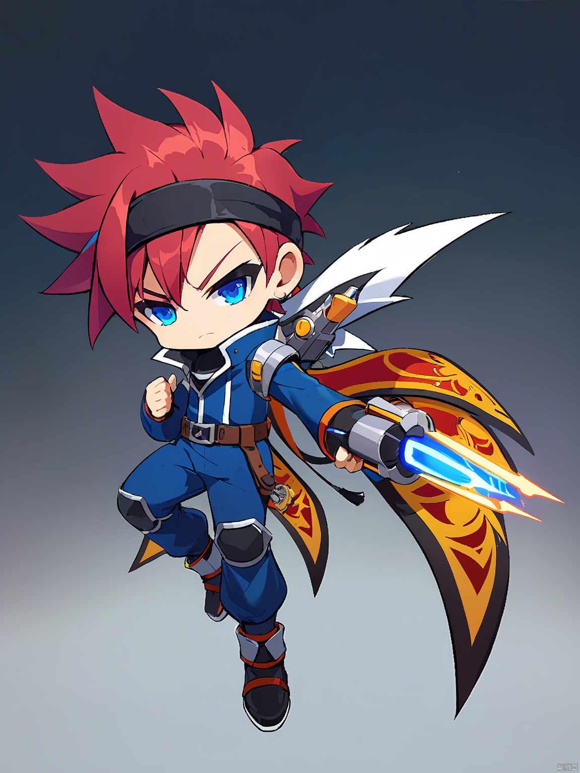 QBJS, A digital illustration of a chibi-style anime boy with spiky, crimson hair and a black headband. He sports a determined look and wears a sleek, silver and blue jumpsuit with matching boots. In his right hand, he holds a compact, high-tech blaster, while his left hand rests confidently on his hip. The background is a pristine white, allowing the vibrant colors and intricate details of his outfit and weapon to shine.