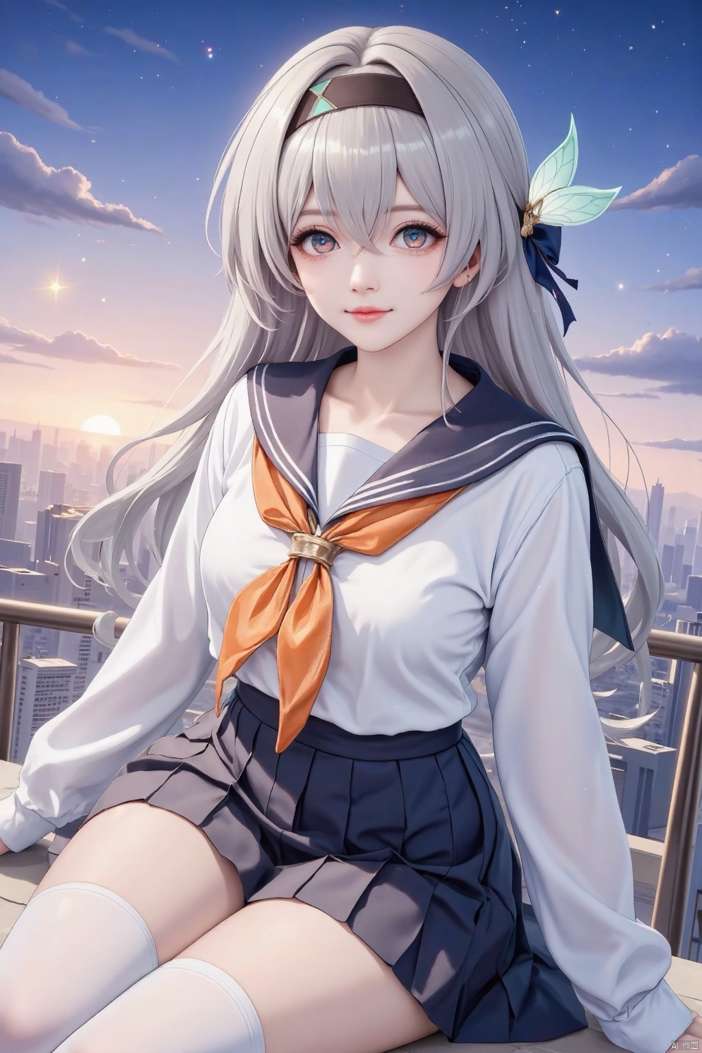 Masterpiece, best quality, high quality, (colorful), large breasts, (WHITE hair: 1.4), (long legs 1.5),score_9,score_8_up,score_7_up,score_6_up,score_5_up,score_4_up,source_anime,source_cartoon,,firefly \(honkai: star rail\),1girl,solo,skirt,hairband,long hair,grey hair,black hairband,looking at viewer,sitting,hair intakes,pleated skirt,school uniform,bow,sky,shirt,long sleeves,orange neckerchief,socks,closed mouth,cityscape,white shirt,serafuku,sidelocks,city,multicolored eyes,sailor collar,miniskirt,star \(sky\),neckerchief,skyline,knees up,white socks,building,from above,looking up,