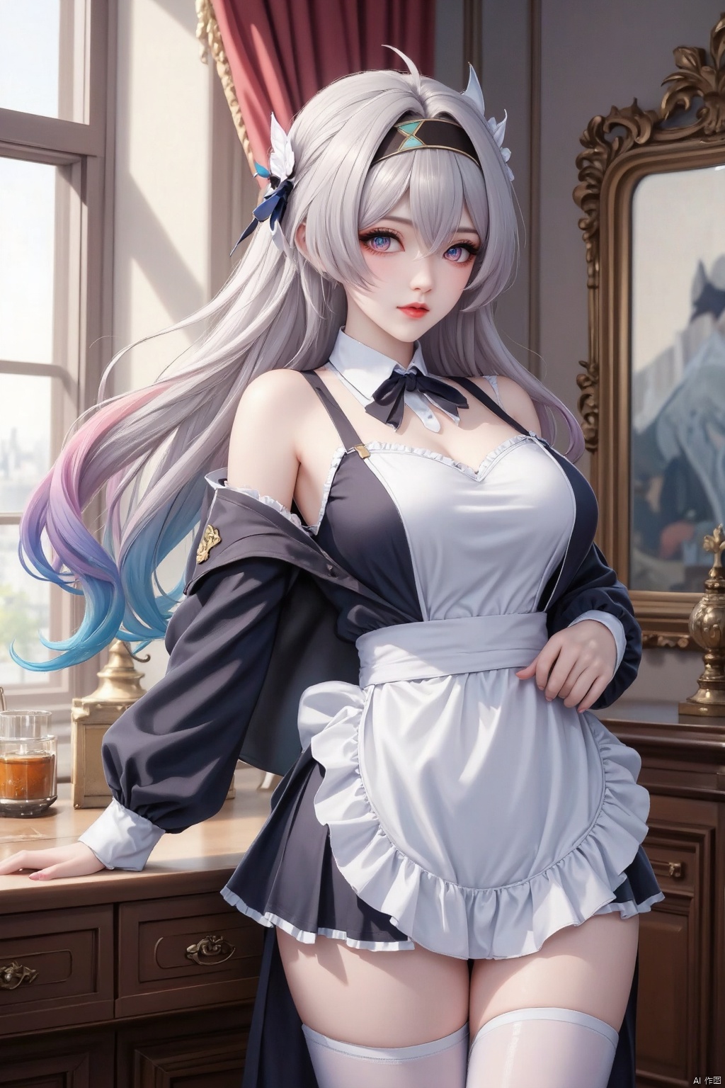 Masterpiece, best quality, high quality, (colorful), large breasts, (WHITE hair: 1.4), (long legs 1.5)1girl, solo, long hair, breasts, looking at viewer, blush, open mouth, bangs, blue eyes, large breasts, hair ornament, thighhighs, dress, cleavage, hair between eyes, standing, jacket, flower, grey hair, multicolored hair, hairband, frills, sleeveless, indoors, apron, white thighhighs, wrist cuffs, maid, window, gradient hair, sleeveless dress, wavy mouth, frilled dress, black hairband, white apron, reflection, mirror, multicolored eyes, picture frame