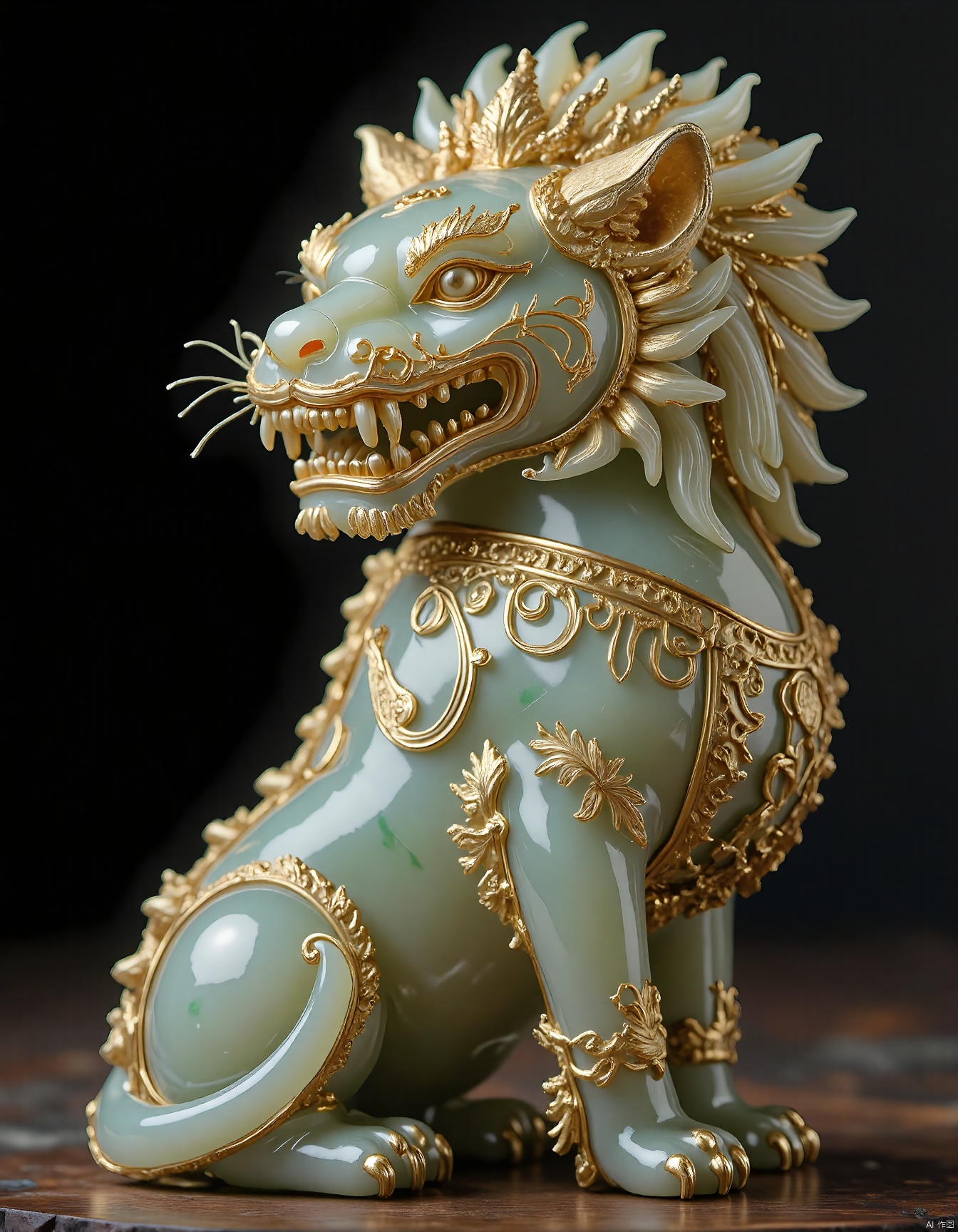 JXY, This photograph showcases a magnificent jade and gold lion statue, its body a lush, emerald-green hue enhanced by golden detailing. The lion's mane flows majestically, and its expression is one of fierce protection. Elaborate swirling patterns in gold cover its head, body, and mane, while its fur is rendered in a textured, realistic manner. Against a simple black background, the statue's craftsmanship and vibrant colors are beautifully displayed.

