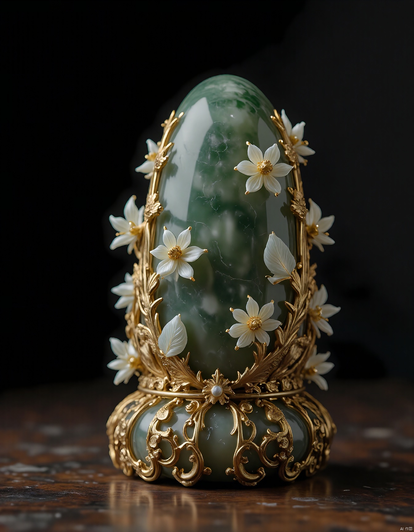 JXY, A depiction of a gold-inlaid jade bracelet, adorned with intricate lotus flowers and leaves. The jade is a deep, verdant green, contrasting beautifully with the golden accents. The bracelet's design is both delicate and robust, showcasing the harmony between hardness and softness. The background is a solid, unwavering black, emphasizing the luxury and elegance of the piece. The lighting is subtle yet effective, highlighting the intricate craftsmanship and the natural beauty of the jade. The overall aesthetic blends traditional Chinese jade carving with modern jewelry design.