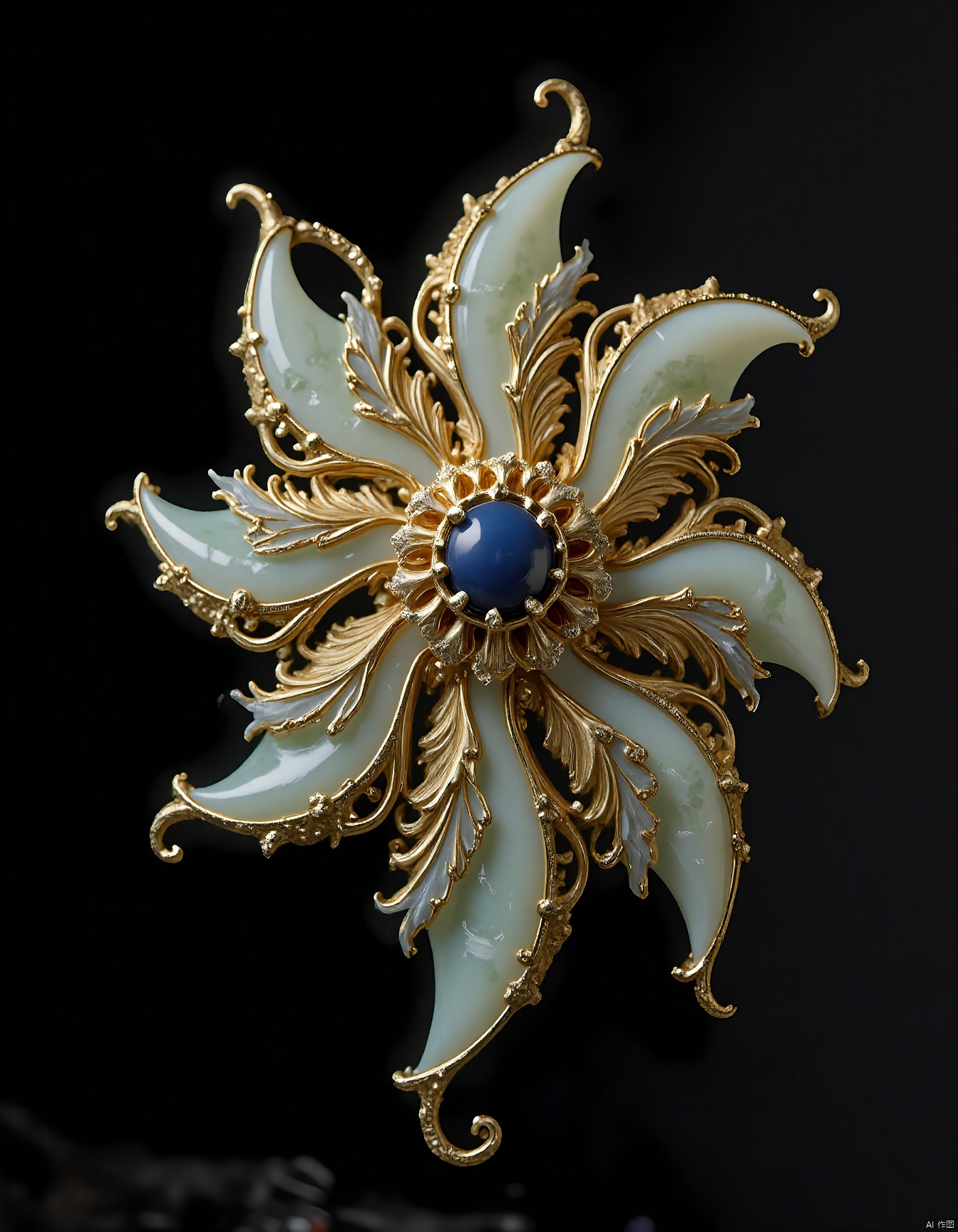 JXY, A stunning photograph of a luxurious gold and jade dragon brooch. The dragon, rendered in intricate gold, winds gracefully around a radiant, sapphire-blue gemstone at its center. The dragon's scales, adorned with tiny, shimmering diamonds, add a touch of grandeur and mystery. The jade accents, integrated seamlessly into the design, enhance the piece's natural beauty. Against a simple, sleek black background, the brooch's intricate design and high-quality materials steal the show. The overall style is a testament to vintage elegance and masterful craftsmanship.