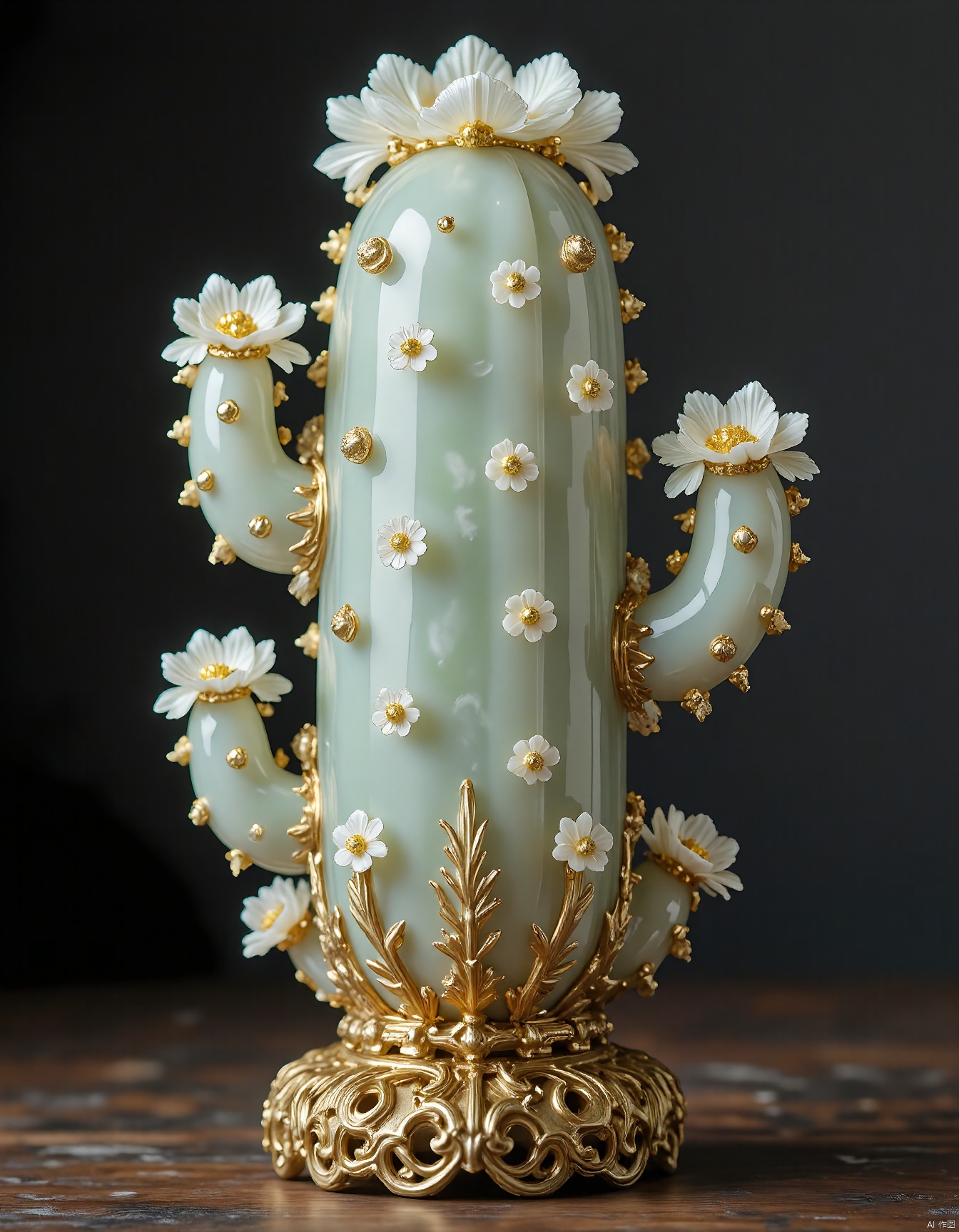JXY, A photograph of an exquisite, ornate jade cactus sculpture resting on a gold-inlaid base, adorned with pristine white and creamy yellow flowers. The cactus stands tall and columnar, boasting a smooth, emerald-green surface that glimmers with a subtle luster. The flowers, lifelike and abundant, are strategically placed atop and around the cactus, some boasting golden yellow centers that add a touch of warmth. The gold base features intricate, floral designs and a delicate scalloped edge, enhancing the sculpture's sophistication. The background is a plain, deep black, allowing the jade cactus and its golden accents to shine in isolation.