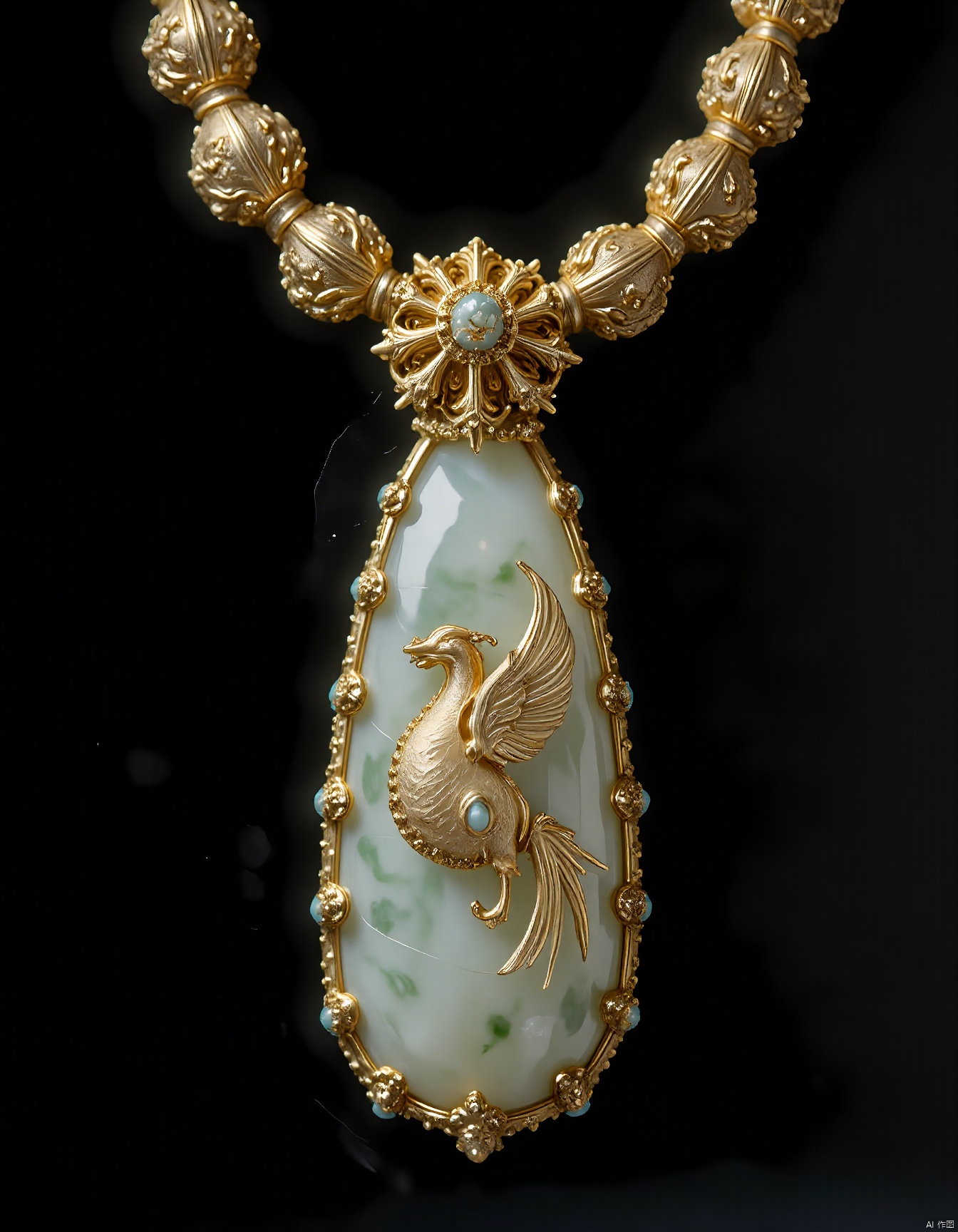 JXY, An image of a stunning gold-inlaid jade necklace, featuring a phoenix rising amidst clouds. The phoenix's feathers are meticulously detailed, with golden threads interwoven with the jade to create a sense of movement and life. The necklace's pendant hangs gracefully, swaying with a gentle motion. The background is a uniform, matte black, underscoring the grandeur and artistic merit of the necklace. The lighting is warm and inviting, accentuating the intricate patterns and the luminous quality of the jade. The overall composition marries ancient Chinese symbolism with modern jewelry styling.