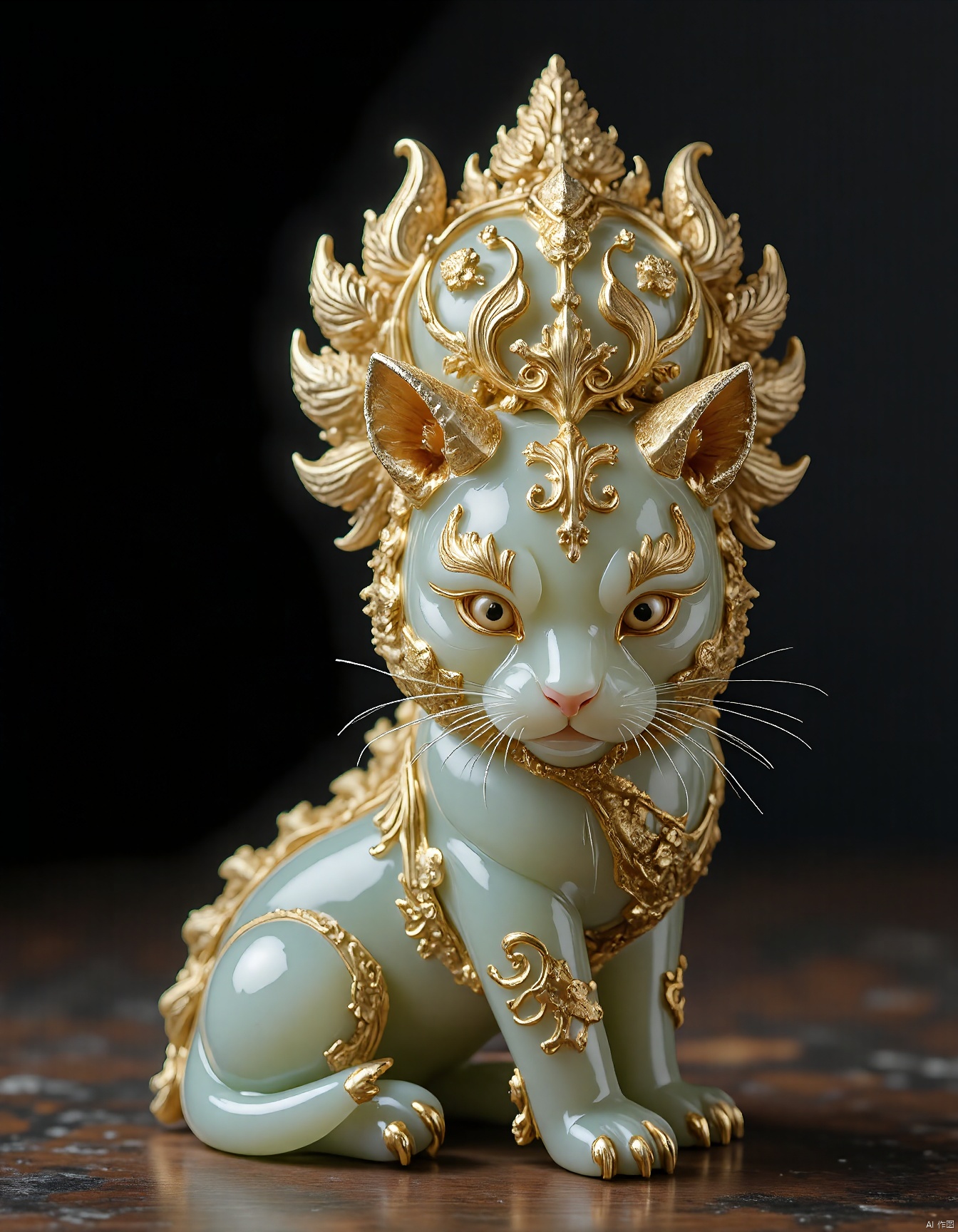 JXY, Capturing the essence of luxury, this photograph features an ornate jade and gold tiger statue, its body a radiant, jade-green hue accentuated by golden detailing. The tiger's eyes gleam with intensity, and its muscles ripple with power. Elaborate swirling patterns in gold cover its head, body, and tail, while its fur is rendered in a textured, realistic design. The statue stands out against a simple black background, its craftsmanship and vibrant colors beautifully highlighted.